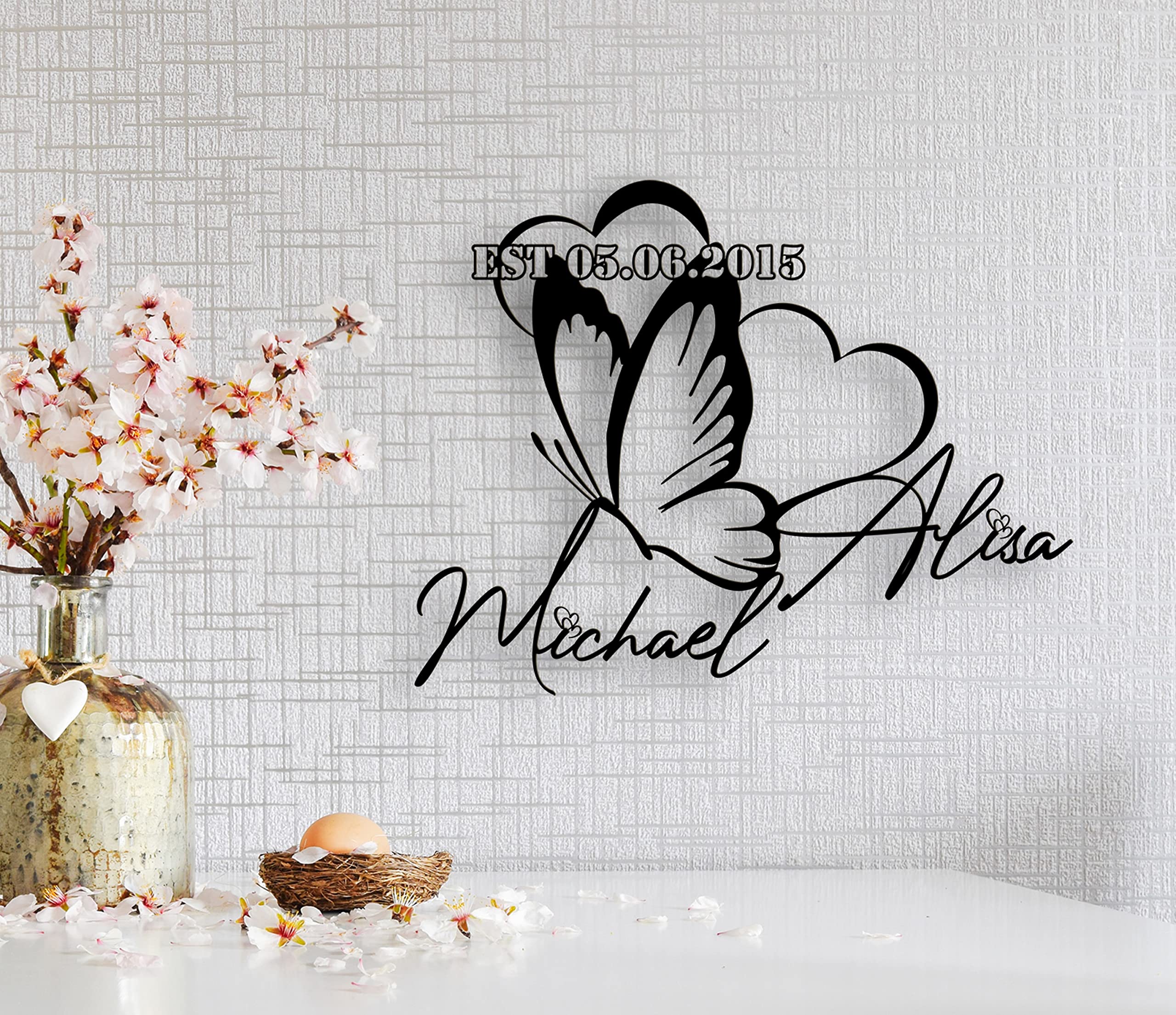 Personalized Butterfly & Hearts Metal Wall Art - Custom Modern Home Decor for Living Room, Bedroom, Office - Unique Housewarming Gift & Wall Hanging Decor | Perfect for Farmhouse, Bohemian, Contemporary Styles - Great for Wedding, Anniversary & Home Decorating - Ideal for Wall Accent in Hallway, Nursery or Dining Room