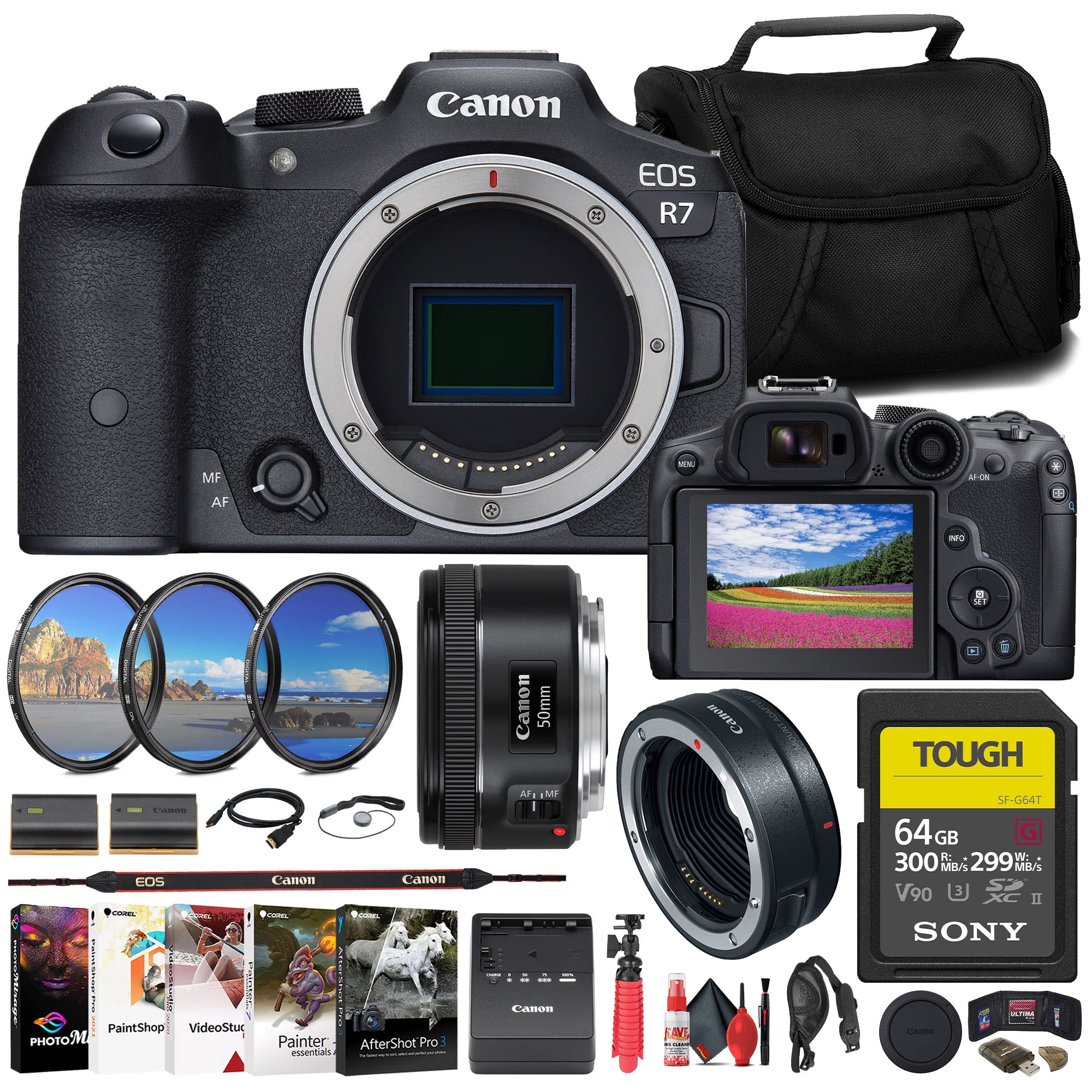 Canon EOS R7 Mirrorless Camera with EF 50mm f/1.8 Lens Kit - Includes Mount Adapter, 64GB SD Card, Filter Kit, Camera Bag, Battery & Accessories (Renewed) - Perfect for Travel Photography, Vlogging & Professional Portraits