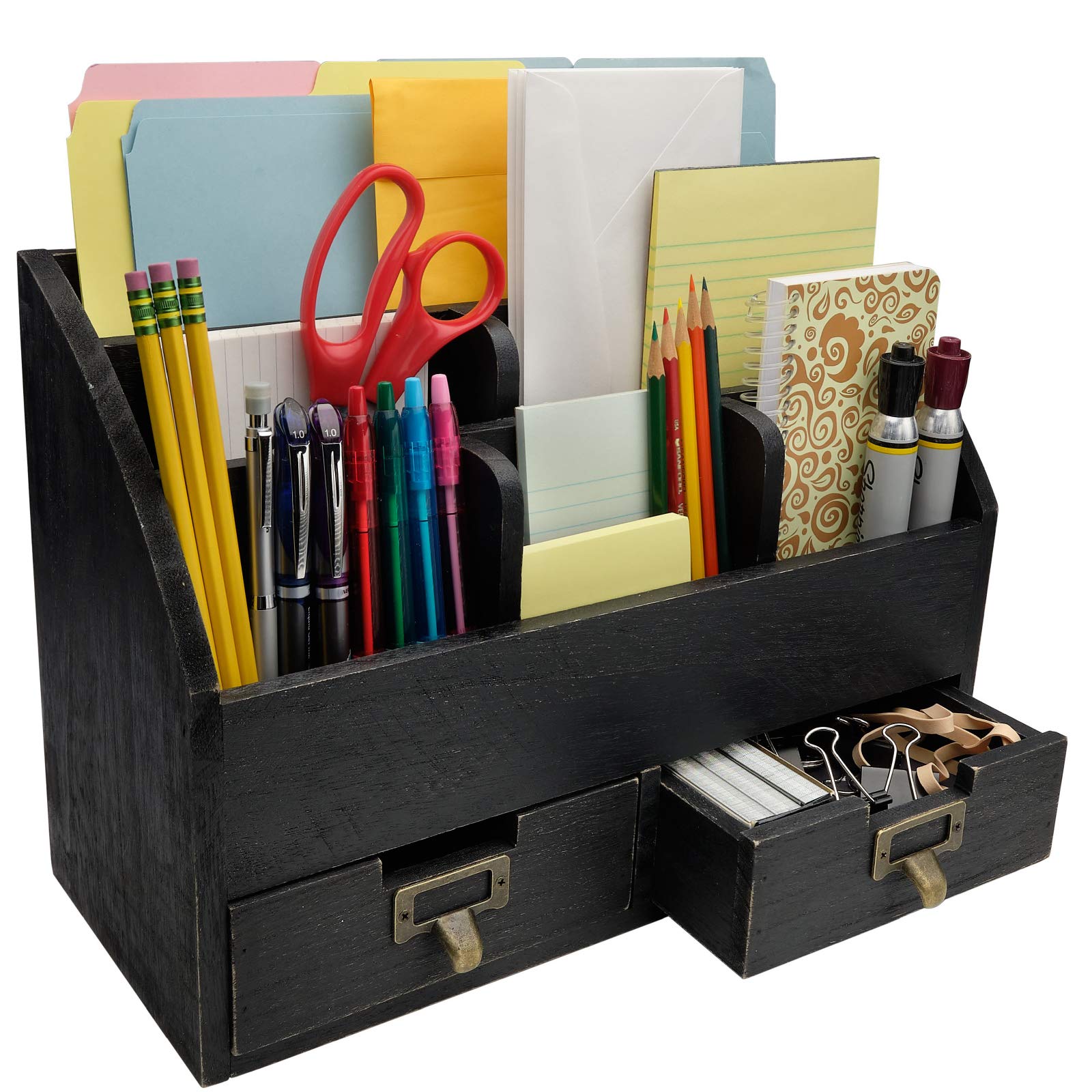 EXCELLO GLOBAL PRODUCTS Black Wood Office Desk Organizer with 6 Compartments & 2 Drawers - Perfect for Organizing Pens, Pencils, Notebooks, Folders, Mail & Office Supplies - Ideal for Home Office, Workspace & Study Desk (Black)