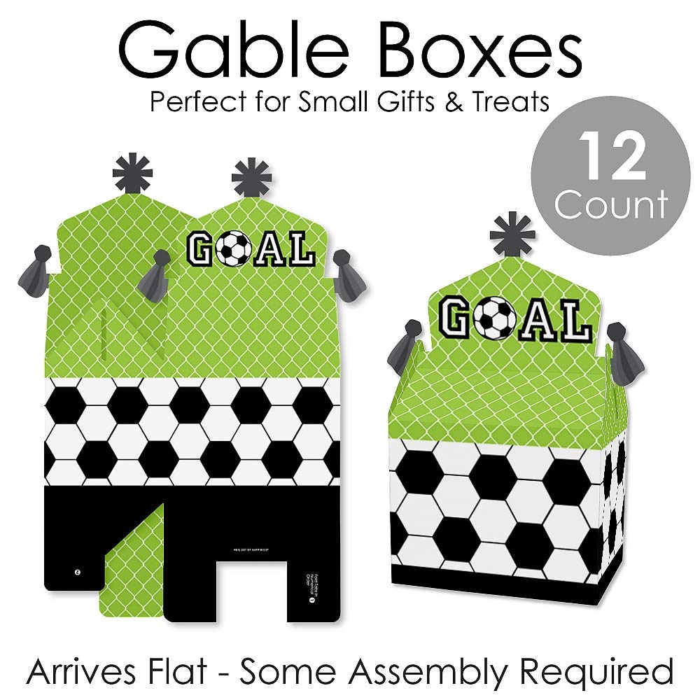 Big Dot of Happiness Goaaal - Soccer Themed Treat Box Party Favors - 12 Pack Goodie Gable Boxes for Baby Showers, Birthday Parties & Game Day Celebrations - Perfect for Soccer Team Snacks & Party Favors