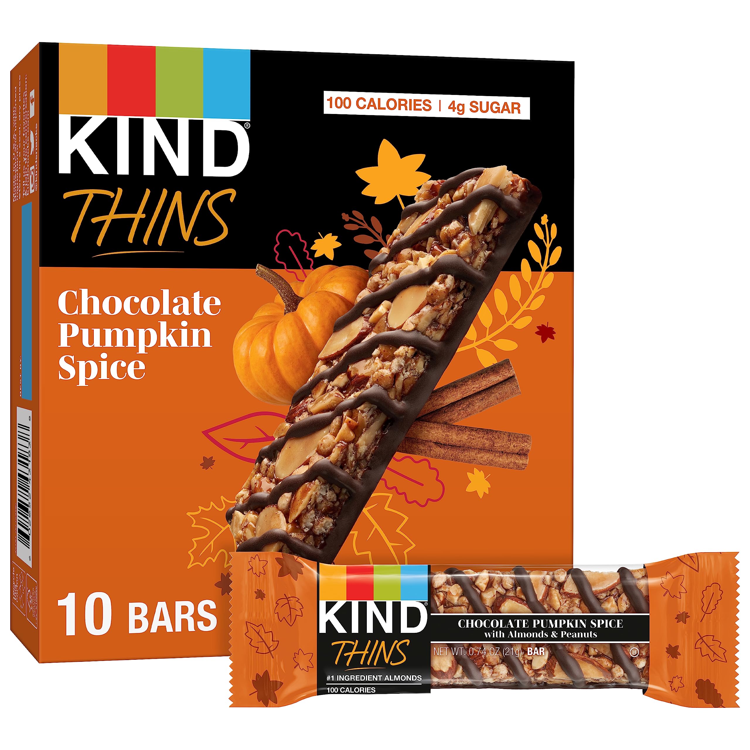 KIND THINS Chocolate Pumpkin Spice with Almonds & Peanuts - Gluten Free, 100 Calorie Healthy Snack Bars (10 Count) - Perfect for On-the-Go Breakfast, Office Snacks & Post-Workout Energy Boost