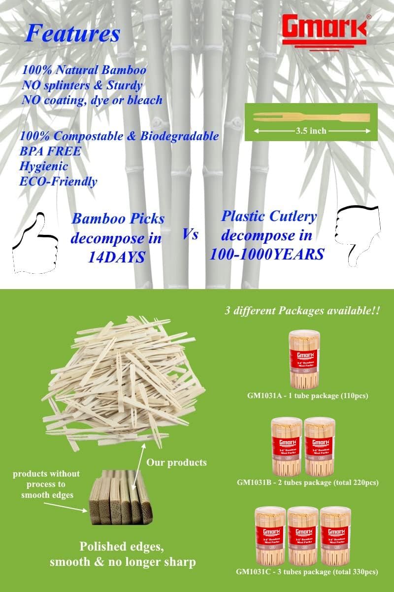 Eco-Friendly Bamboo Forks 3.5 Inch - 110 Pack | Mini Food Picks, Cocktail Forks & Party Utensils | Perfect for Appetizers, Fruits, Pastries & Desserts | Ideal for Cocktail Parties, Buffets & Catering Events | GM1031A