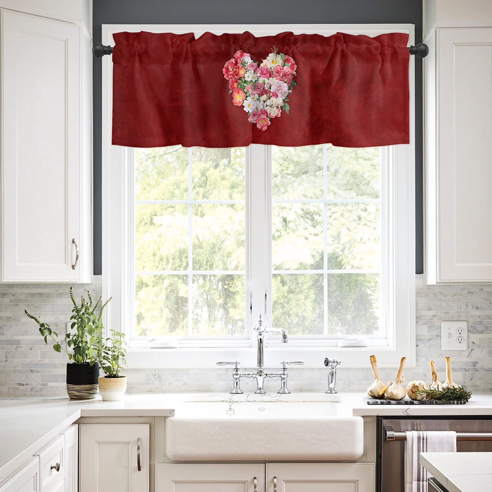Colorful Floral Heart Retro Kitchen Valance Curtains - 54 x 18 Inch Farmhouse Window Treatment with Rod Pocket for Living Room & Bedroom Decor | Perfect for Vintage Style Homes, Cozy Cafes, and Rustic Wedding Backdrops