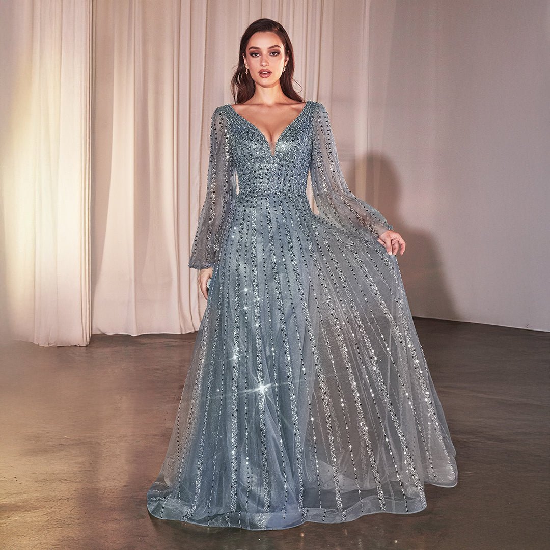 Cinderella Divine Smoky Blue Beaded Long Sleeve A-Line Prom Dress for Homecoming, Formal Events & Evening Parties - Elegant Beaded Gown for Special Occasions