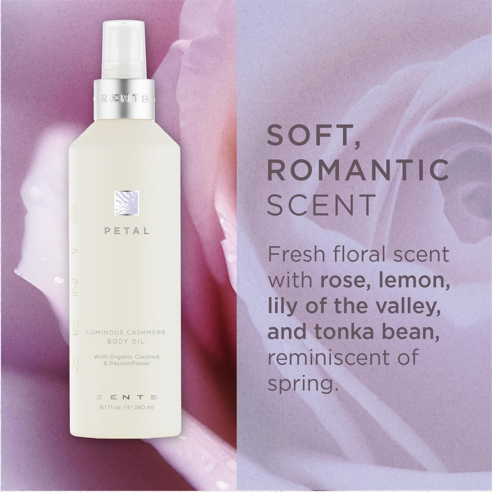 Luminous Cashmere Body Oil with Vitamin E & Organic Coconut Oil - Hydrating & Moisturizing for Soft, Smooth Skin - Petal Fragrance - 8 fl oz - Perfect for Daily Skincare, Spa Treatments & Gift Giving