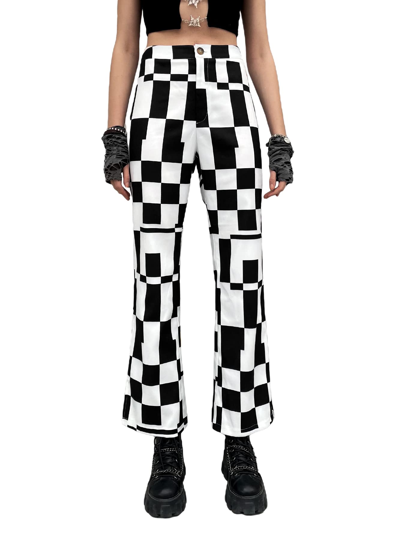 WDIRARA Women's High Waisted Checkered Button Front Pants - Casual Plaid Trousers for Work, Office & Everyday Wear