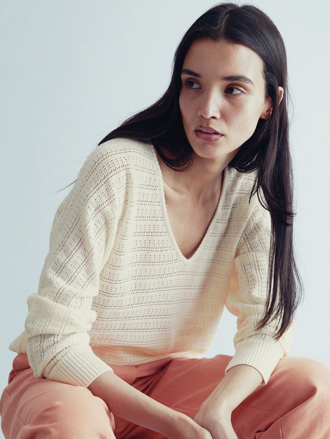 Organic Cotton Pointelle Knit Jumper for Women - Soft Cream Sweater | Casual Wear, Layering & Cozy Outfits