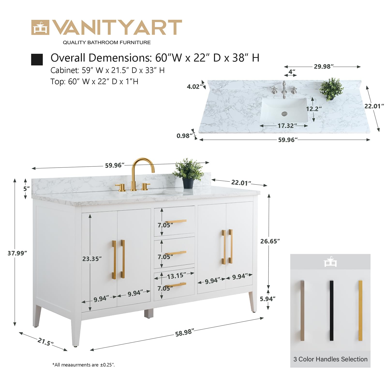 Vanity Art 60 Inch White Bathroom Vanity with Single Sink & Ceramic Top - Soft-Closing Doors, Drawers, Solid Wood Frame (VA9060-SW-MB1) | Perfect for Modern Bathrooms, Master Suites & Home Renovations
