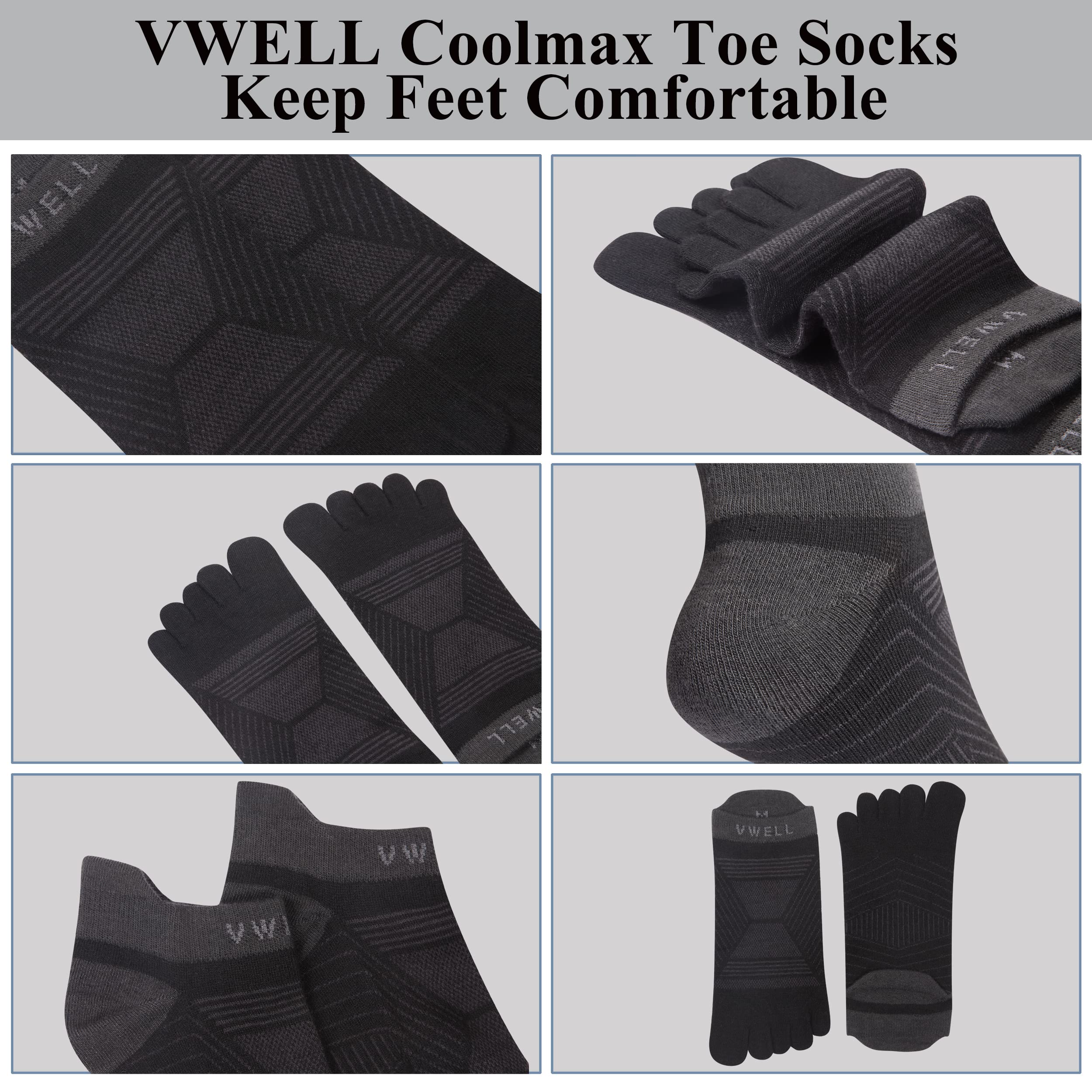 VWELL COOLMAX Performance Toe Socks for Men & Women - Breathable Athletic Five Finger Socks (3 Pairs) | Perfect for Running, Yoga & Sports Activities
