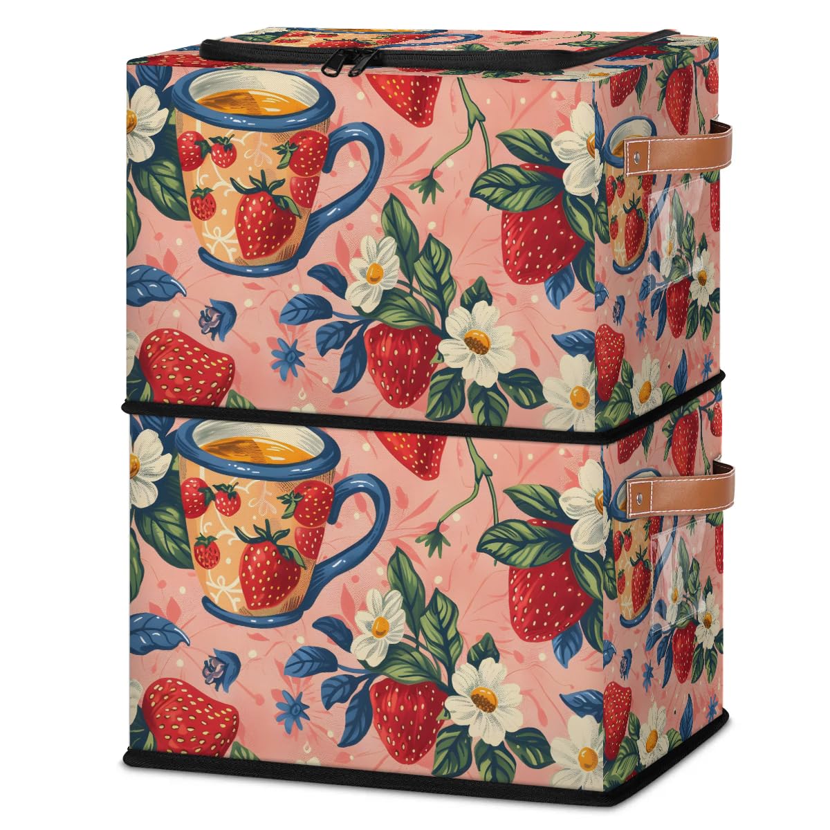 Strawberry Print Storage Bins with Zipper Lid - 2 Pack Stackable Closet Organizer Baskets, Metal Frame Storage Cubes with PU Handles - Perfect for Clothes, Toys, and Home Organization