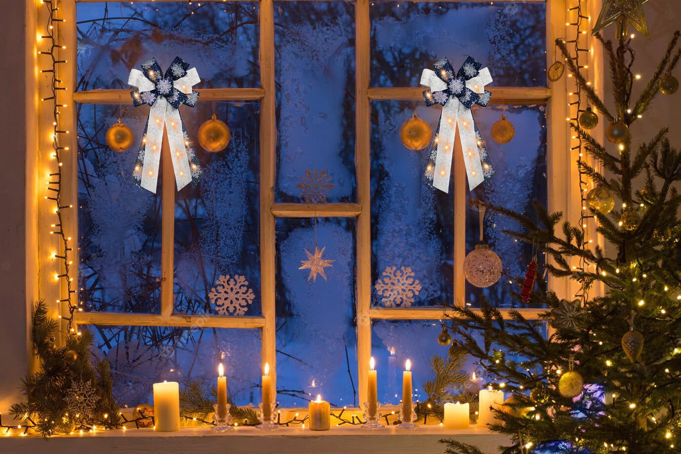 Large LED Christmas Bows for Wreaths - White Snow Burlap Bow with Battery Operated Lights - Perfect for Xmas Tree Topper, Front Door Decor, and Holiday Party Supplies - Ideal for Christmas, New Year, and Winter Celebrations