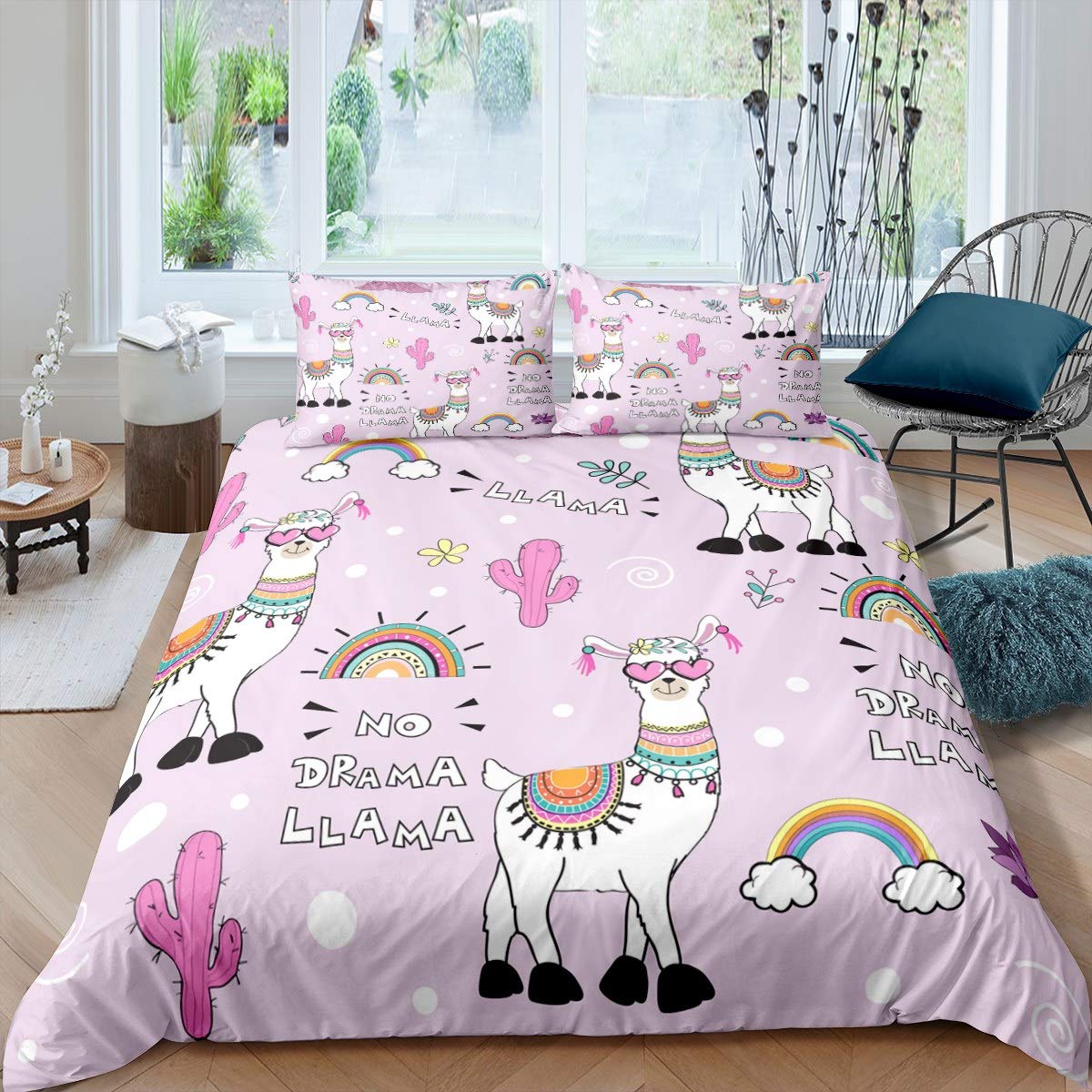 **Feelyou Llama Comforter Cover Set - Cartoon Alpaca Printed Duvet Cover for Kids & Girls, Cactus Rainbow 3D Animal Theme Bedding Set, Twin Size (2Pcs, Pink) - Soft & Cozy for Kids' Bedroom, Nursery, or Dorm Decor**