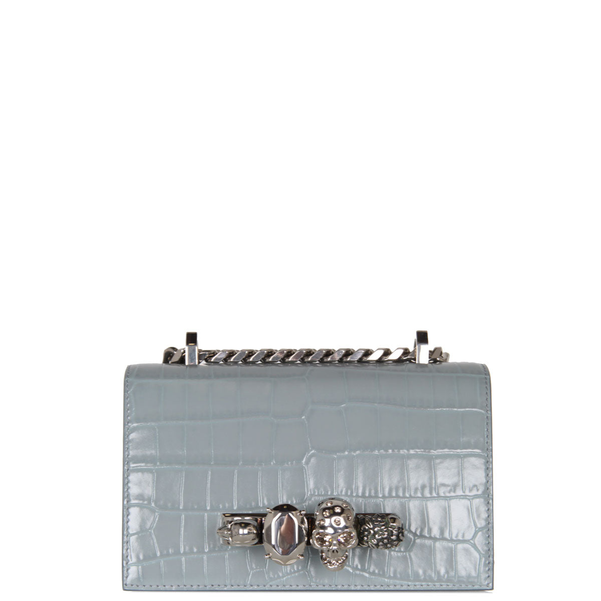 Elegant Mini Croc Knuckle Satchel with Jewel Accents - Blue & Grey Crossbody Bag for Women | Perfect for Evening Parties & Date Nights