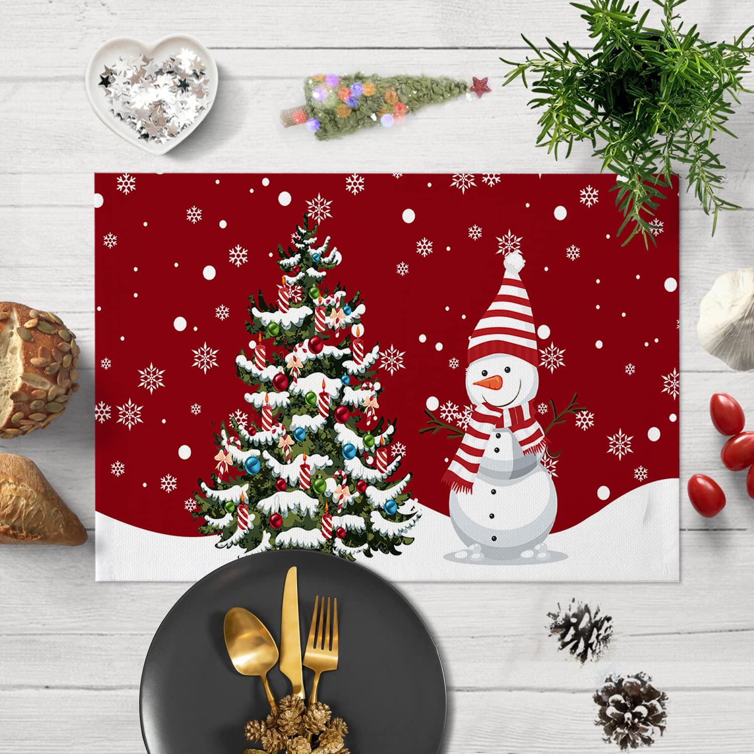 Festive Snowman Placemats Set of 6 - Waterproof Non-Slip Holiday Table Mats with Bell Tree & Snowflake Design for Christmas Dining, Kitchen Decor & Winter Party Decorations - Perfect for Holiday Gatherings, Family Dinners & Seasonal Home Decor