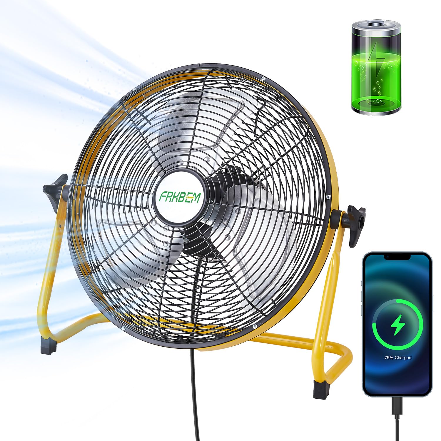 14 Inch Rechargeable Battery Operated Floor Fan - Cordless High Velocity Metal Blade Fan for Camping, Travel, Patio & Tent - 360° Adjustable Tilt & 12 Speeds - Perfect for Indoor/Outdoor Cooling in Hot Weather
