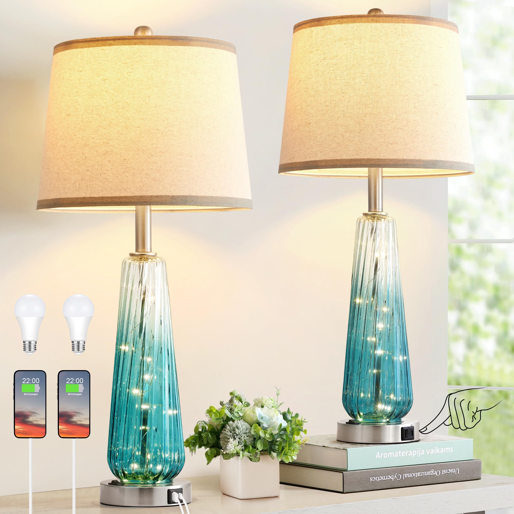 Modern Glass Table Lamps Set of 2 - Touch Control Bedside Lamps with USB Charging Port, Nightstand Lighting for Bedroom & Living Room Decor - Perfect for Reading, Working, and Creating Ambiance