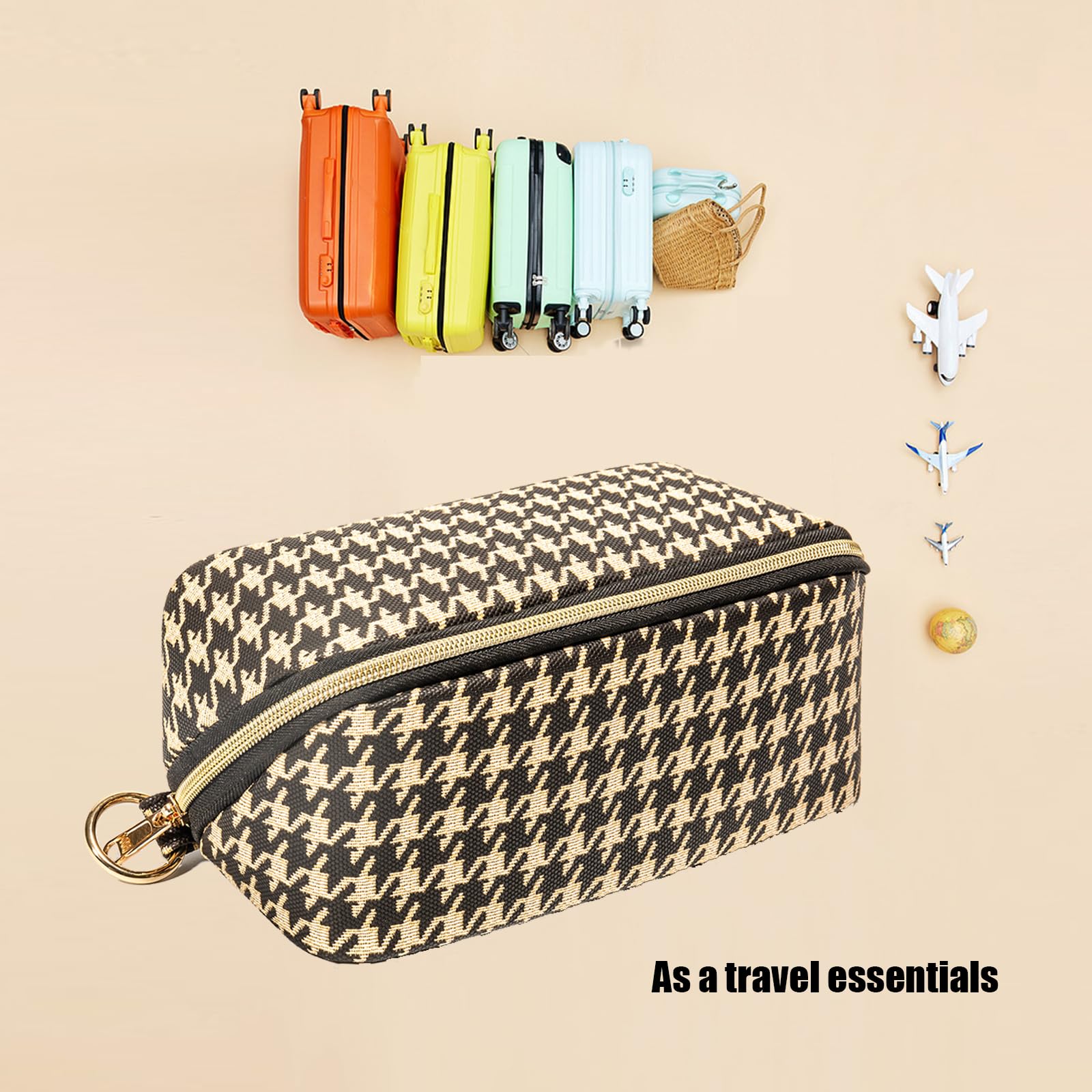 Houndstooth Checkered Makeup Bag - Travel Makeup Organizer & Toiletry Pouch for Brushes, Cosmetics & Travel Essentials (Black Brown) | Perfect for Vacations, Gym, Weekend Getaways & Daily Use