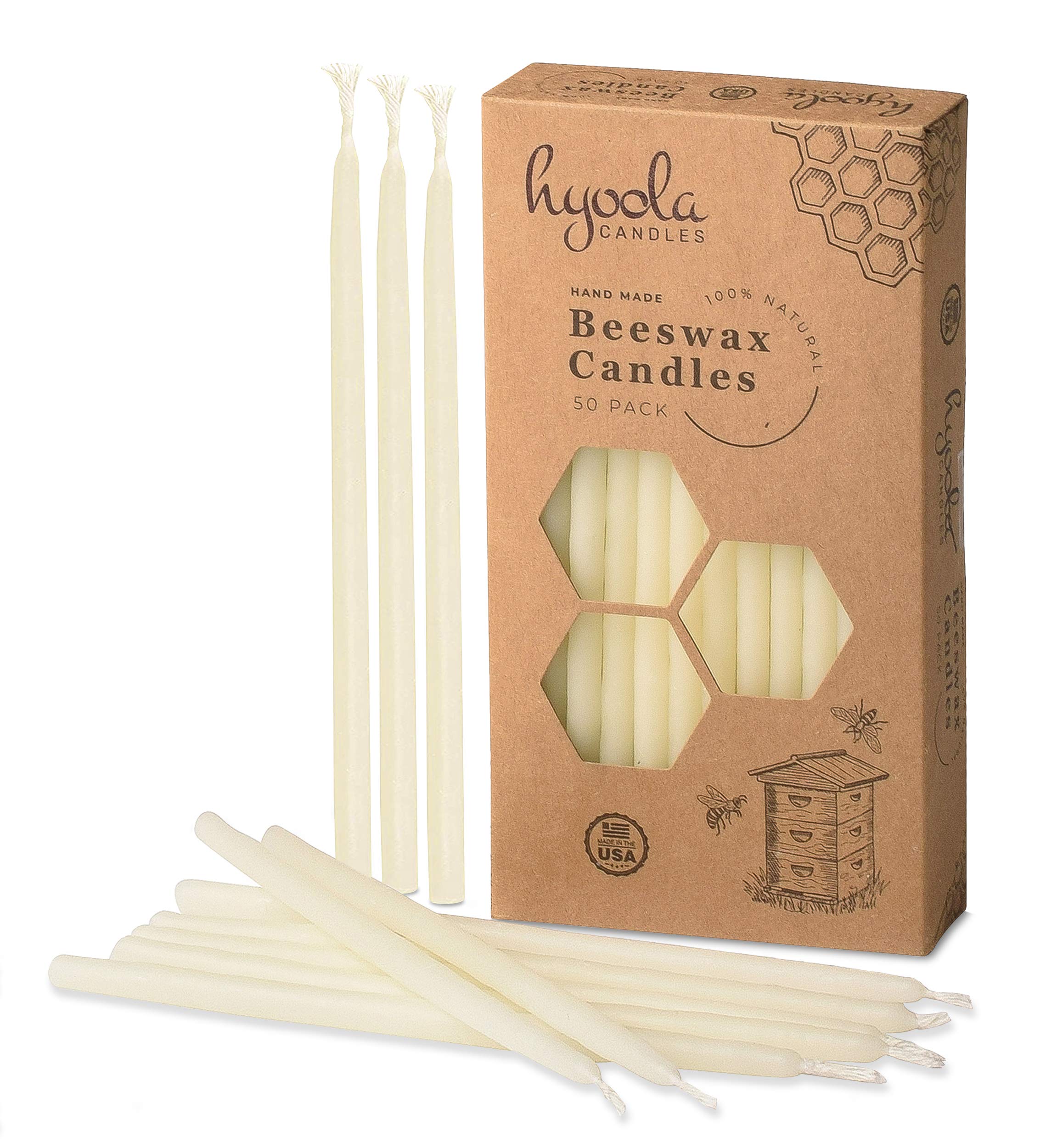 Hyoola Beeswax Birthday Candles 50 Pack - Natural Dripless Taper Candles for Parties & Decor