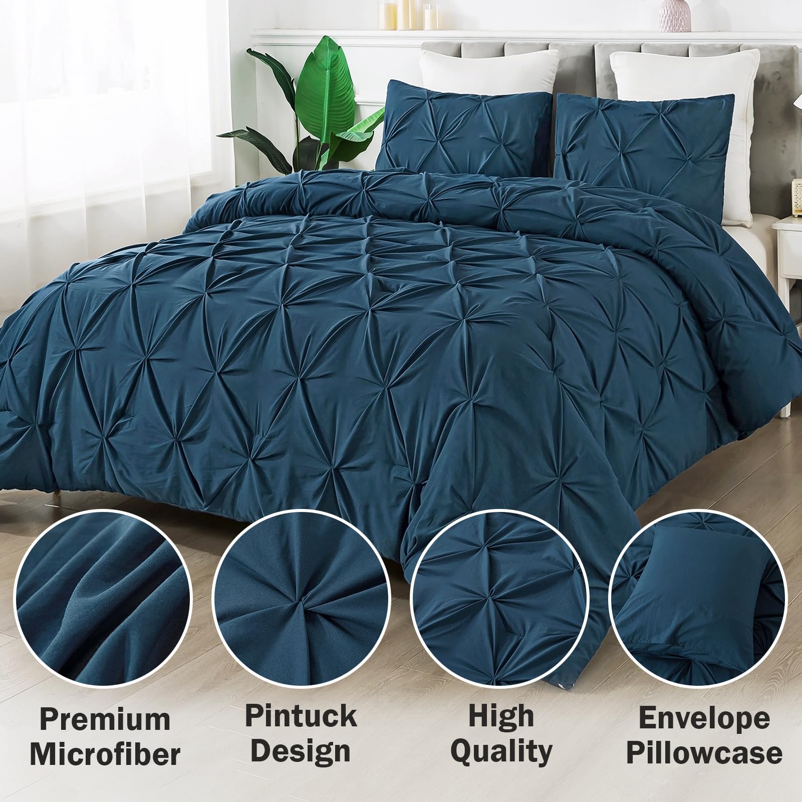 Andency Navy Blue Comforter Set King Size - 3 Piece All Season Pintuck Bedding Set with Soft Fluffy Microfiber, Luxury Bedroom Decor for Master Bedroom, Guest Room & Dorm (King Size)