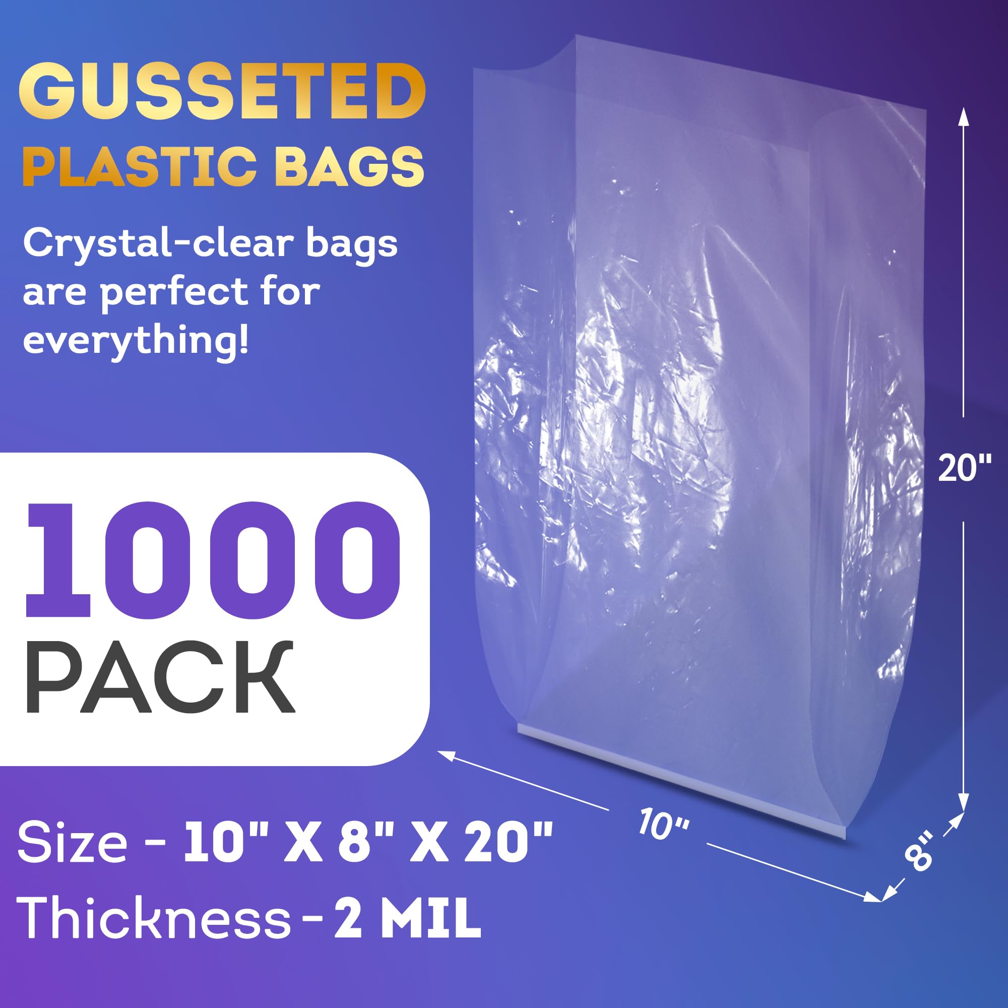 APQ Clear Gusseted Poly Bags - 10x8x20 Inches, Pack of 1000 Waterproof Flat Bottom Plastic Bags with Open Top, 2 Mil Thick for Packaging Popcorn, Cookies, Bread | Perfect for Party Favors, Bakery Goods & Retail Packaging