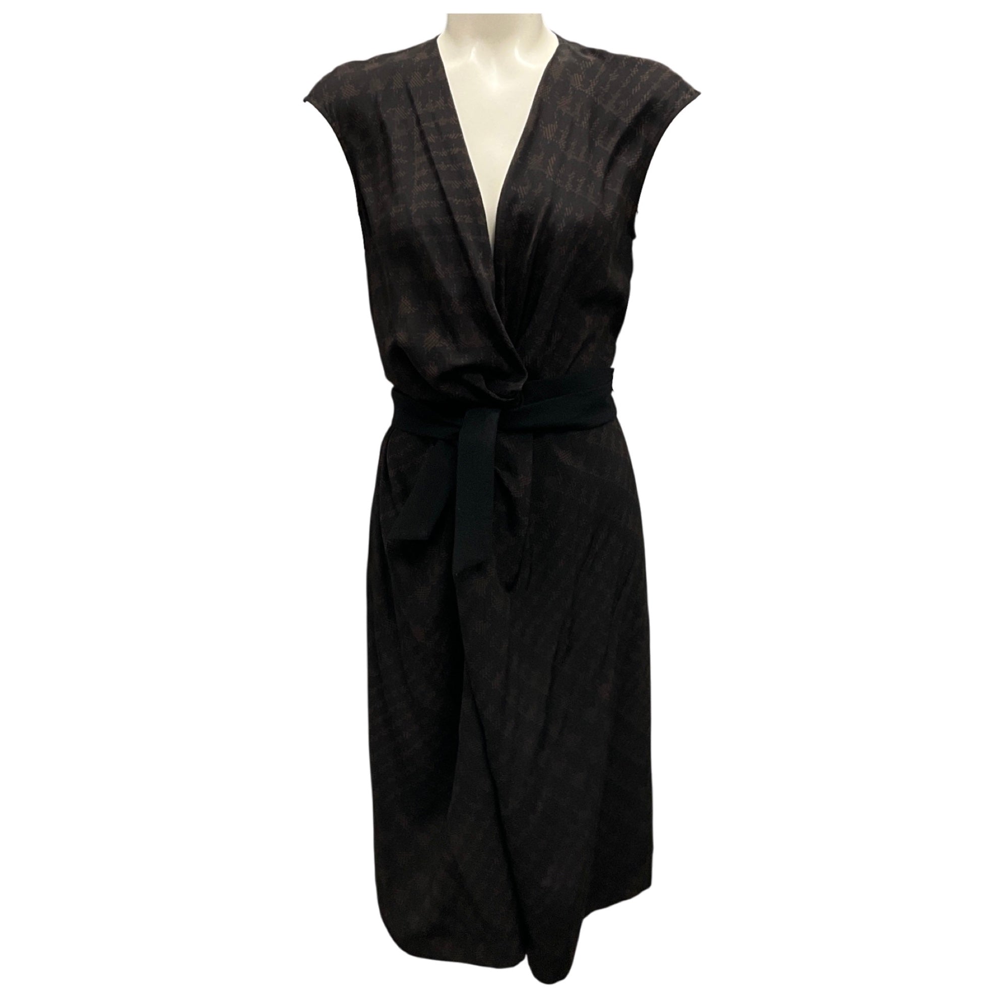 Max Mara Black & Brown Houndstooth Silk Wrap Dress for Women - Elegant Office Wear & Evening Cocktail Party Dress