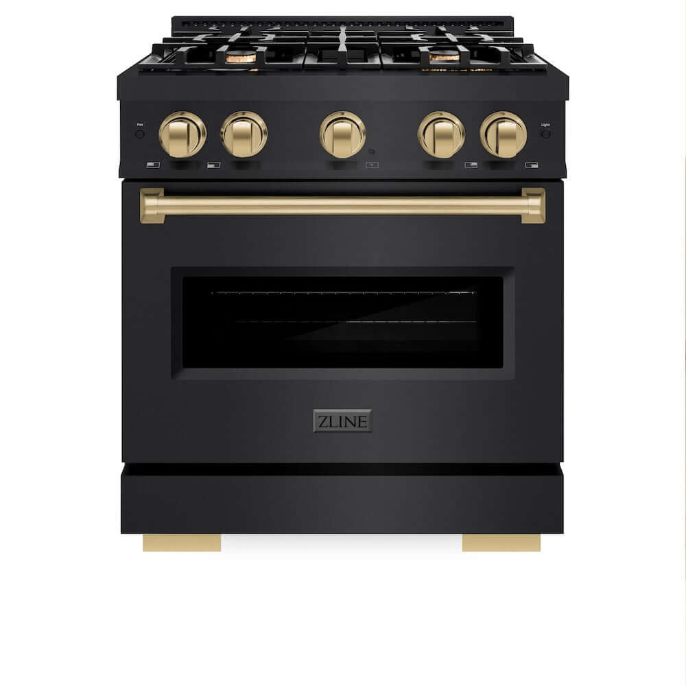 ZLINE Autograph Edition 30 Inch 4.2 cu ft Gas Range with 4 Burner Cooktop & Convection Oven - Black Stainless Steel with Champagne Bronze Accents (CGRBZ 30 CB) | Professional Kitchen Appliance for Home Chefs & Cooking Enthusiasts