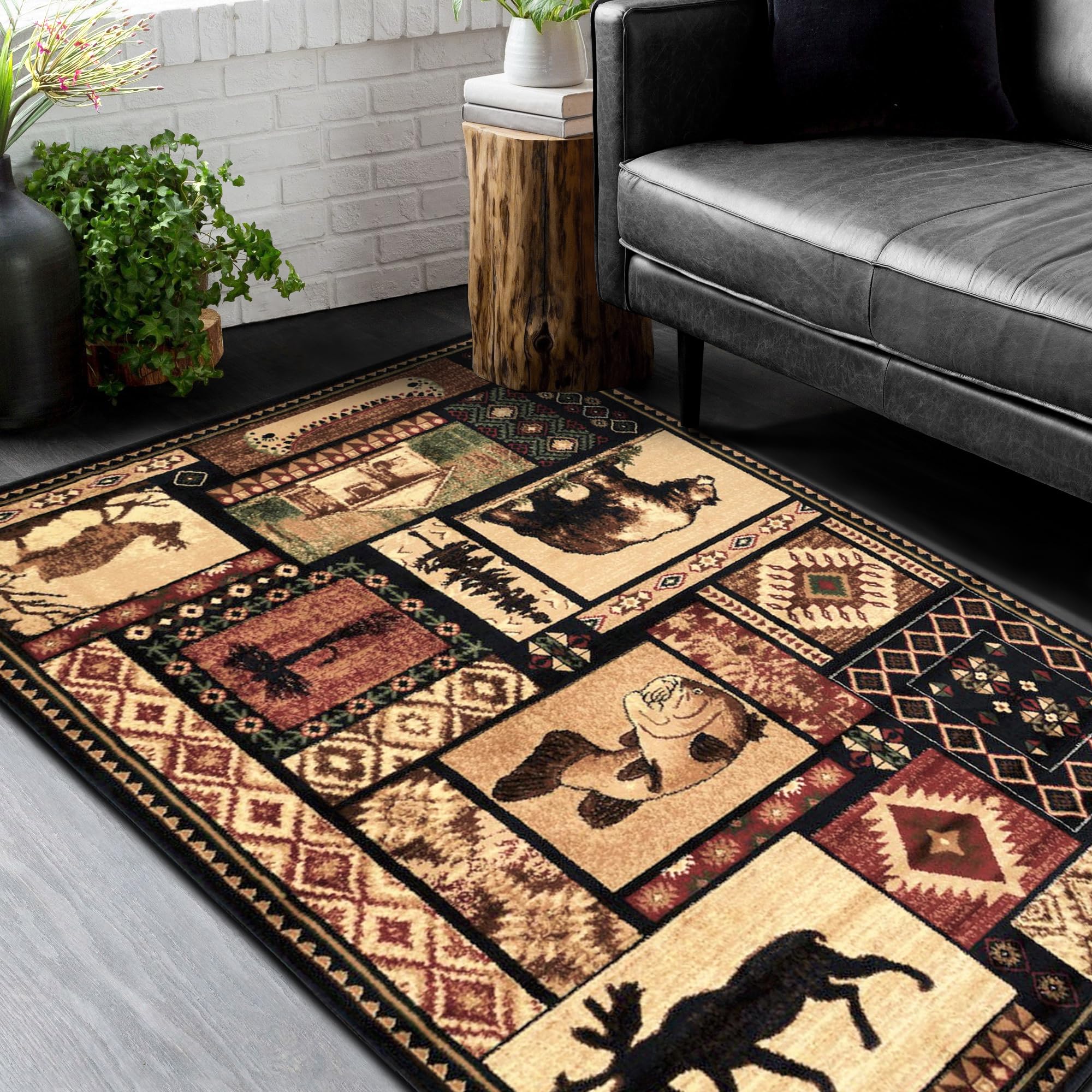 HR Cabin Collection 906 - Nature & Animals Area Rug with Contemporary Geometric Design (Fish, Moose, Bear, Lodge) - Southwestern Style in Ivory, Red, Green & Multi Colors - Perfect for Cabin, Lodge & Rustic Home Decor