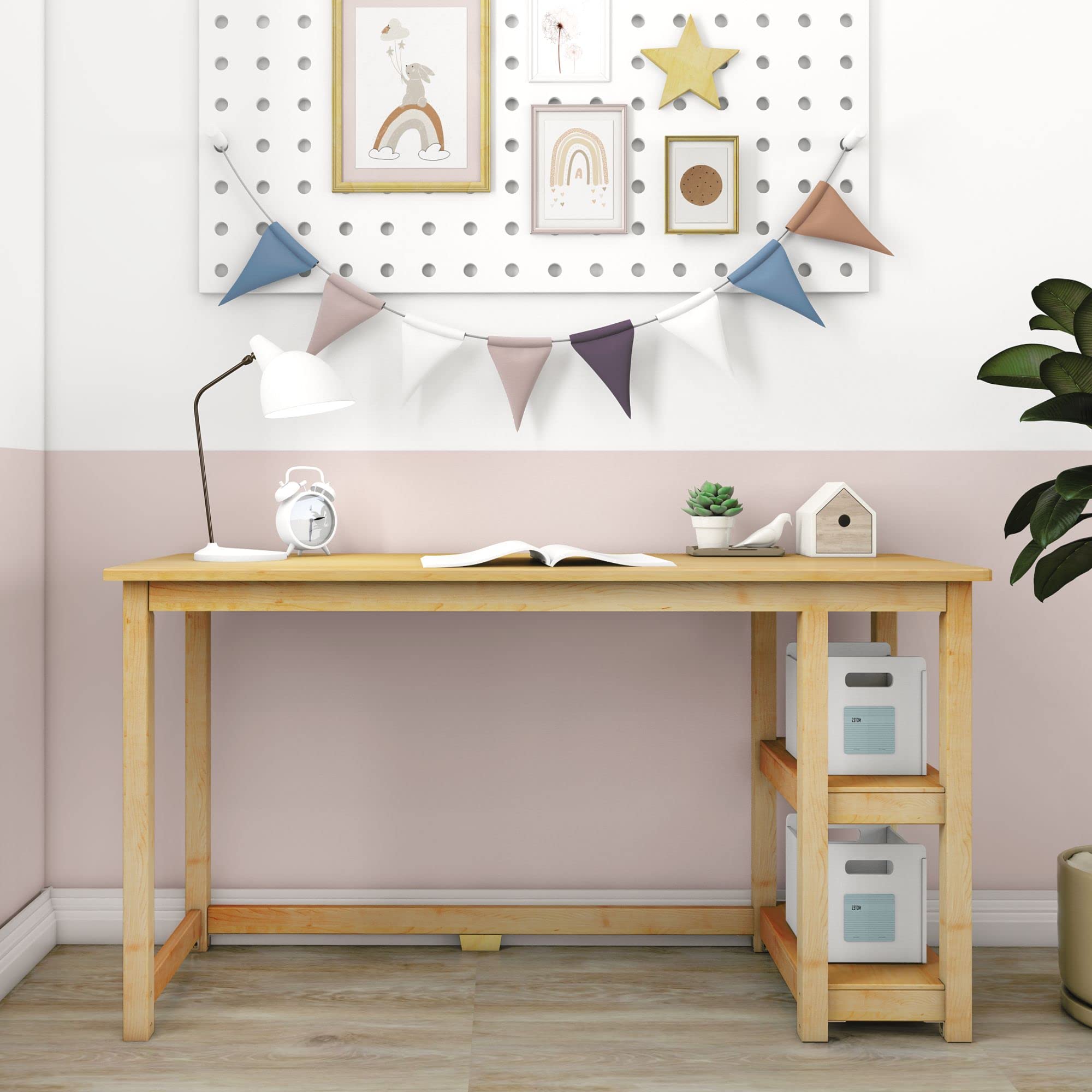 Max & Lily 55 Inch Solid Wood Desk with Shelves - Natural Wood Study Desk for Home Office, Kids Room & Dorm Room - Perfect for Remote Work, Online Learning & Homework Station