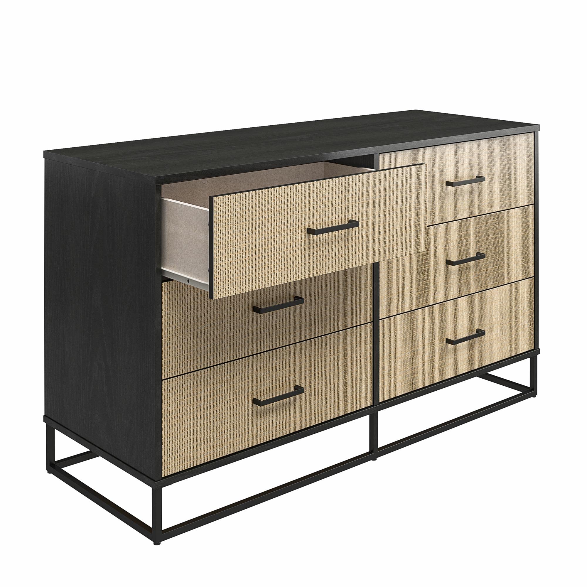 Novogratz Kelly 6-Drawer Dresser - Faux Rattan & Black Oak Finish - Modern Bedroom Storage Furniture for Clothes, Linens & Accessories - Perfect for Master Bedroom, Guest Room or Dorm Organization