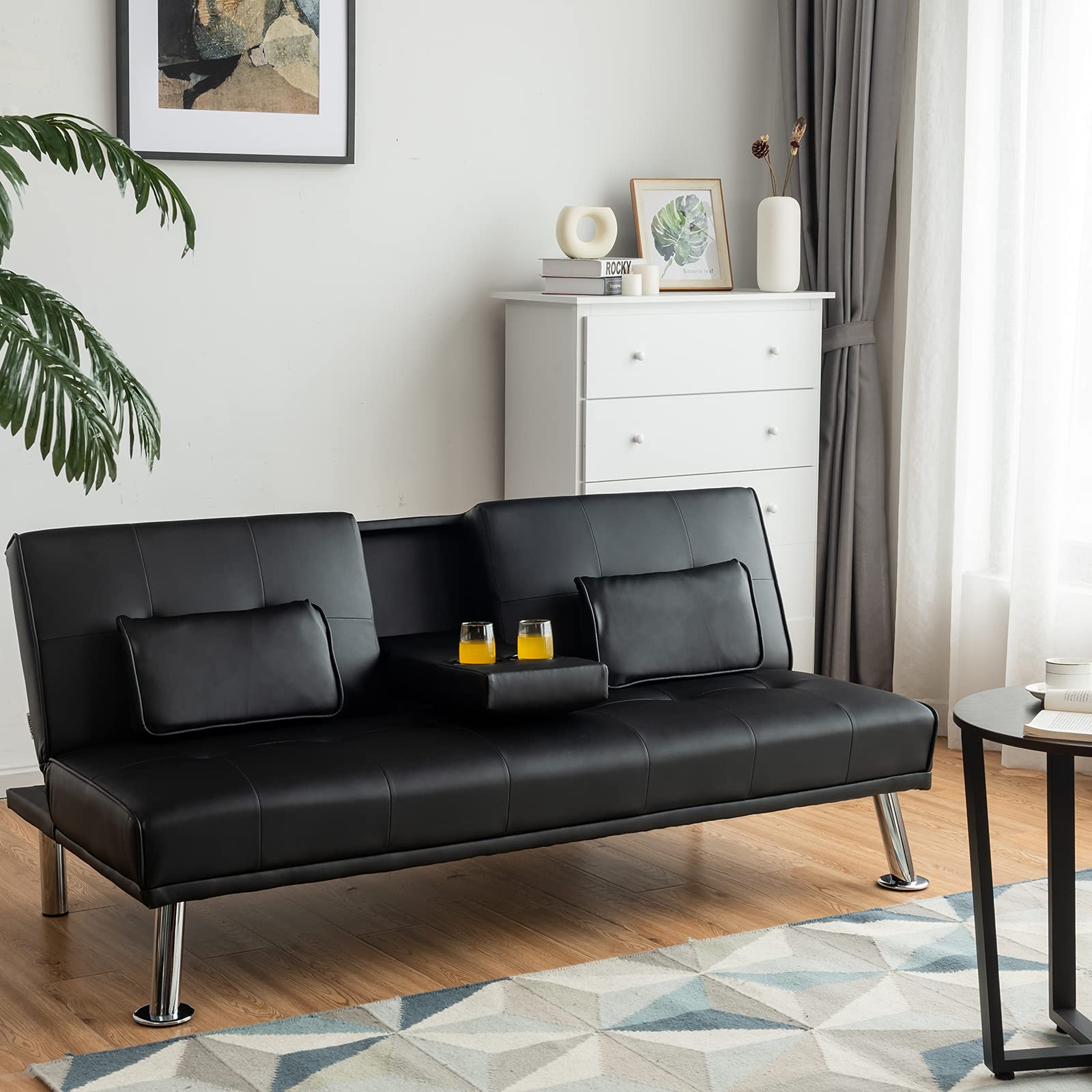 Powerstone Convertible Leather Futon Sofa Bed - Foldable Sleeper Couch for Small Spaces, Living Room Sectional with Cup Holder & Removable Armrests (Black) - Perfect for Apartments, Guest Rooms & Home Offices