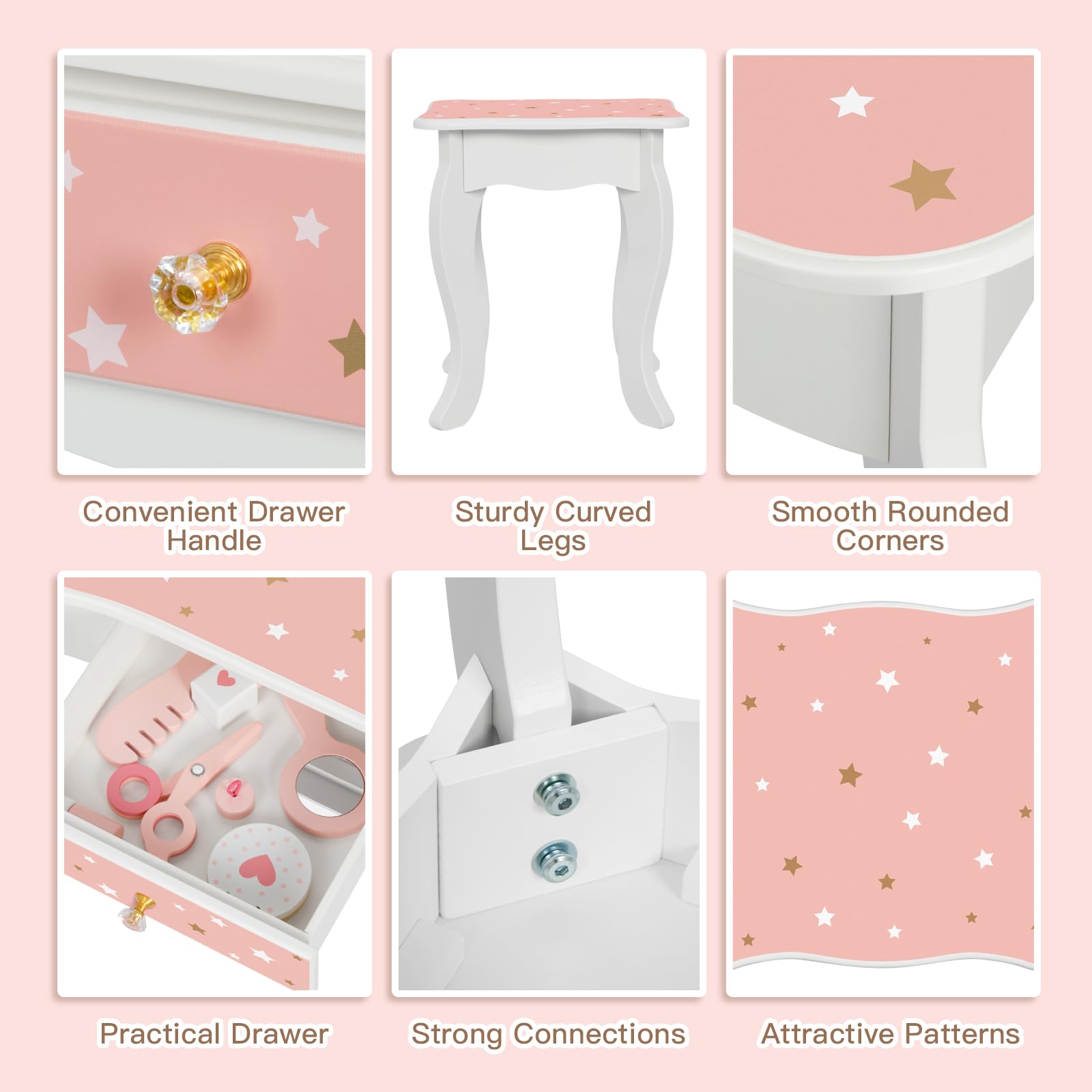 Kids Vanity Set with Mirror & Stool - Wooden Pretend Makeup Dressing Table for Girls, Perfect Gift for Little Princess | Playroom Decor, Birthday Present & Pretend Play Accessory