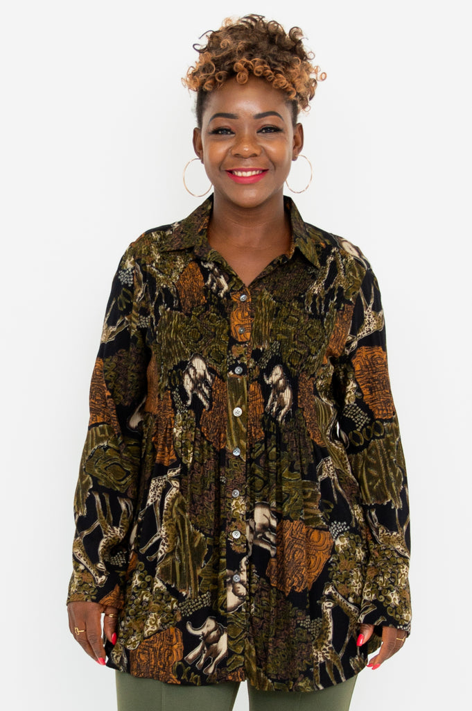 Elegant Long Sleeve Blouse with Elephant Print - Women's Fashion Top for Casual Wear, Office & Date Night