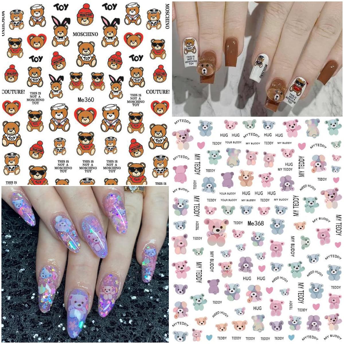 10 Sheets Cute Bear Nail Stickers - 3D Self-Adhesive Cartoon Nail Art Decals for Women & Girls | DIY Manicure Decorations, Fashion Nail Accessories - Perfect for Parties, Holidays & Everyday Wear