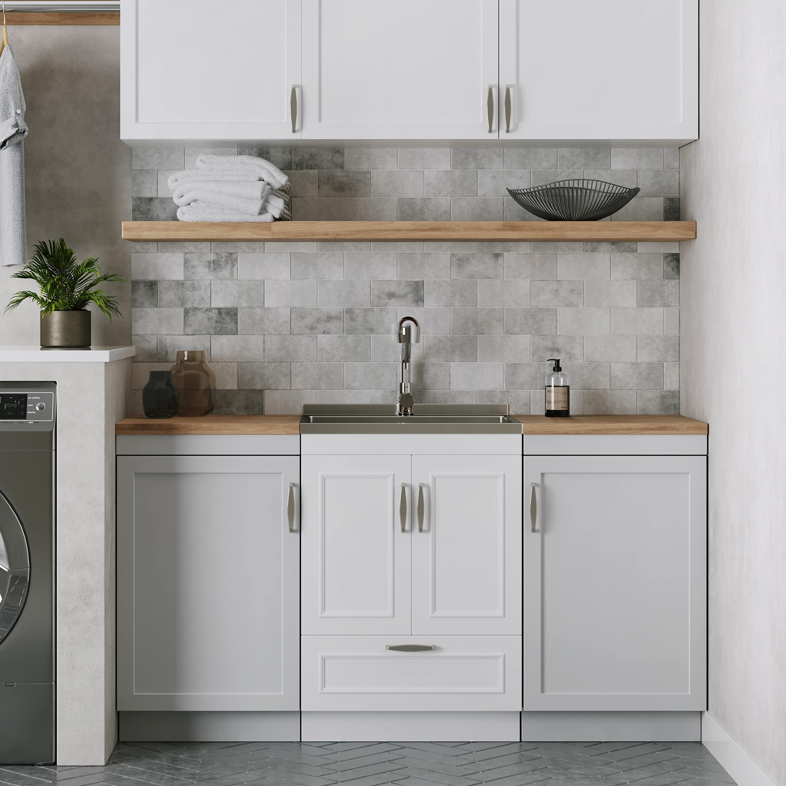 SIMPLIHOME 24-inch White Utility Sink Cabinet with Faucet - Stainless Steel Laundry Sink & Storage Drawer - Perfect for Laundry Room, Garage, Mudroom, Basement & Workshop Organization