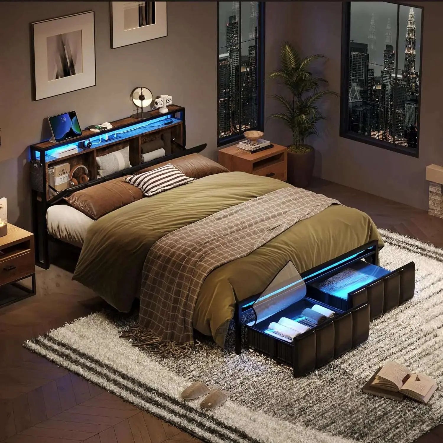 Bestier LED Bed Frame with Hidden Storage Headboard - Queen Size Modern Platform Bed with USB Ports & Touch Control - Perfect for Bedroom, Guest Room & Small Spaces