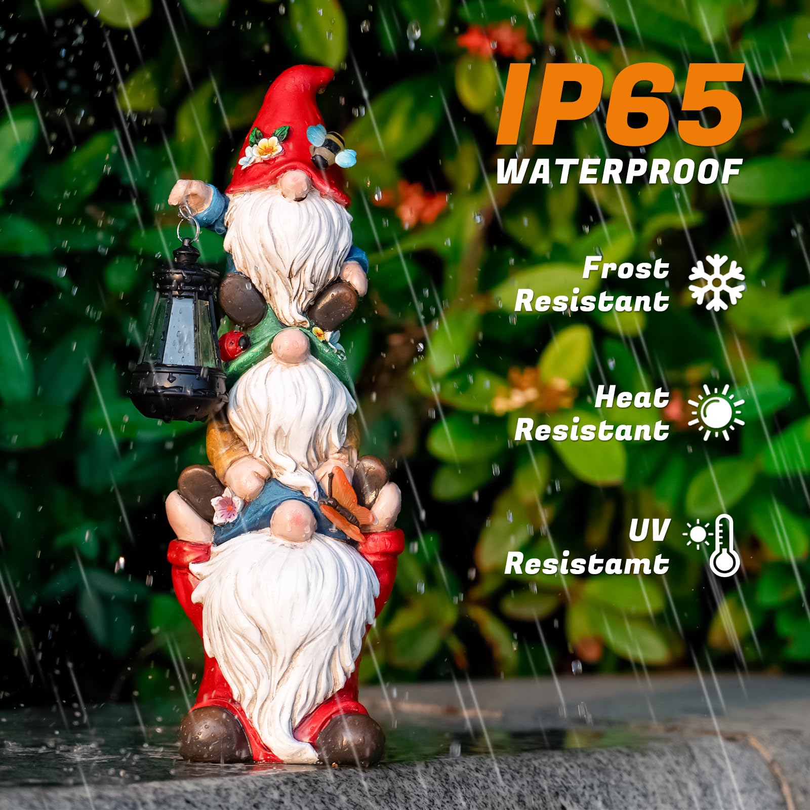 Solar-Powered Large Garden Gnome Statue - Funny Triple Gnome Outdoor Decor for Patio, Lawn, Yard & Balcony - 12 Inch Spring Gnomes Home Gift for Women & Mom - Perfect for Garden Parties & Outdoor Lighting