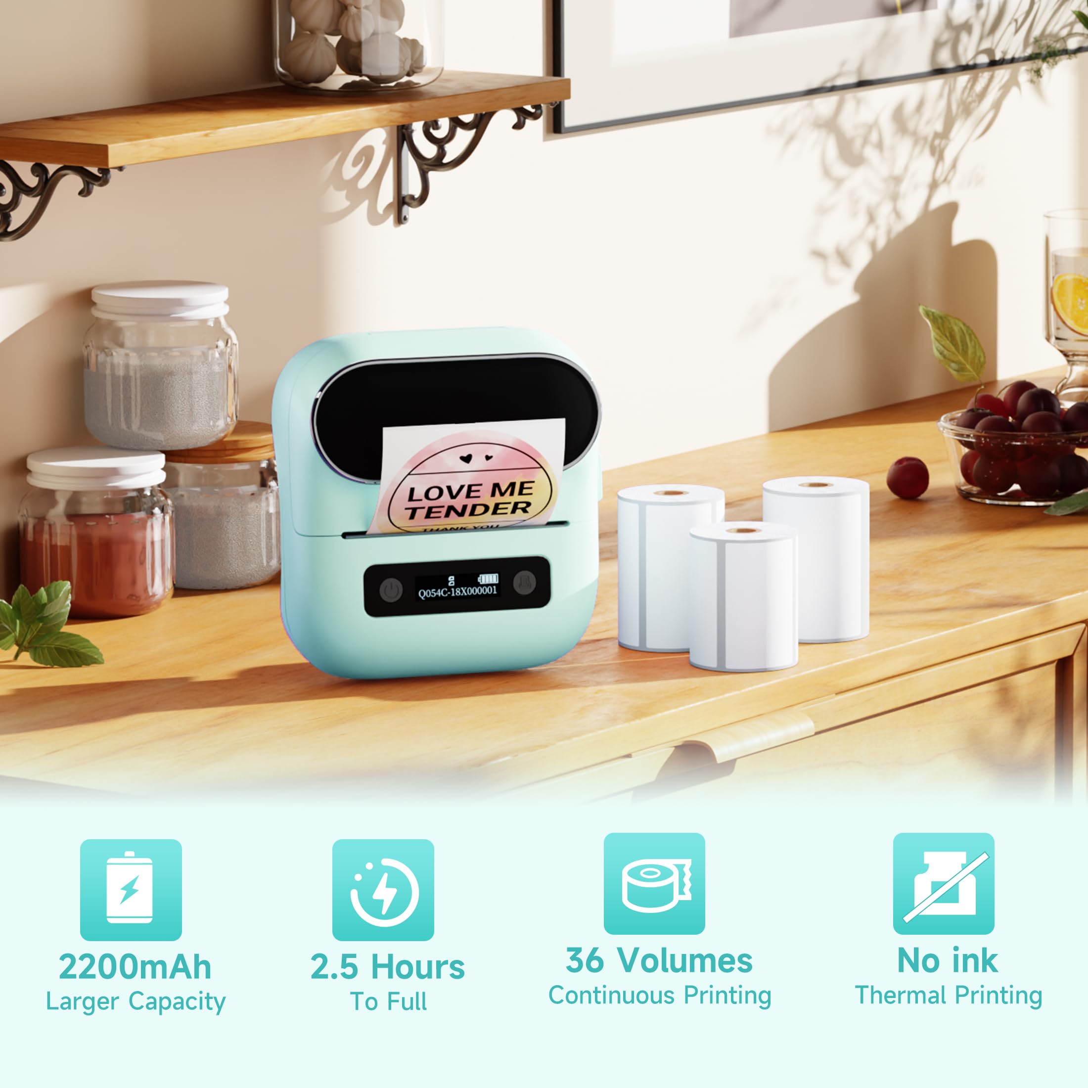 M220 Bluetooth Label Maker - Portable Thermal Sticker Printer for Small Business & Home Use | Compatible with Smartphone & PC | Prints 0.78-3.14 Inch Labels (Green) | Perfect for Organizing, Shipping & Craft Projects
