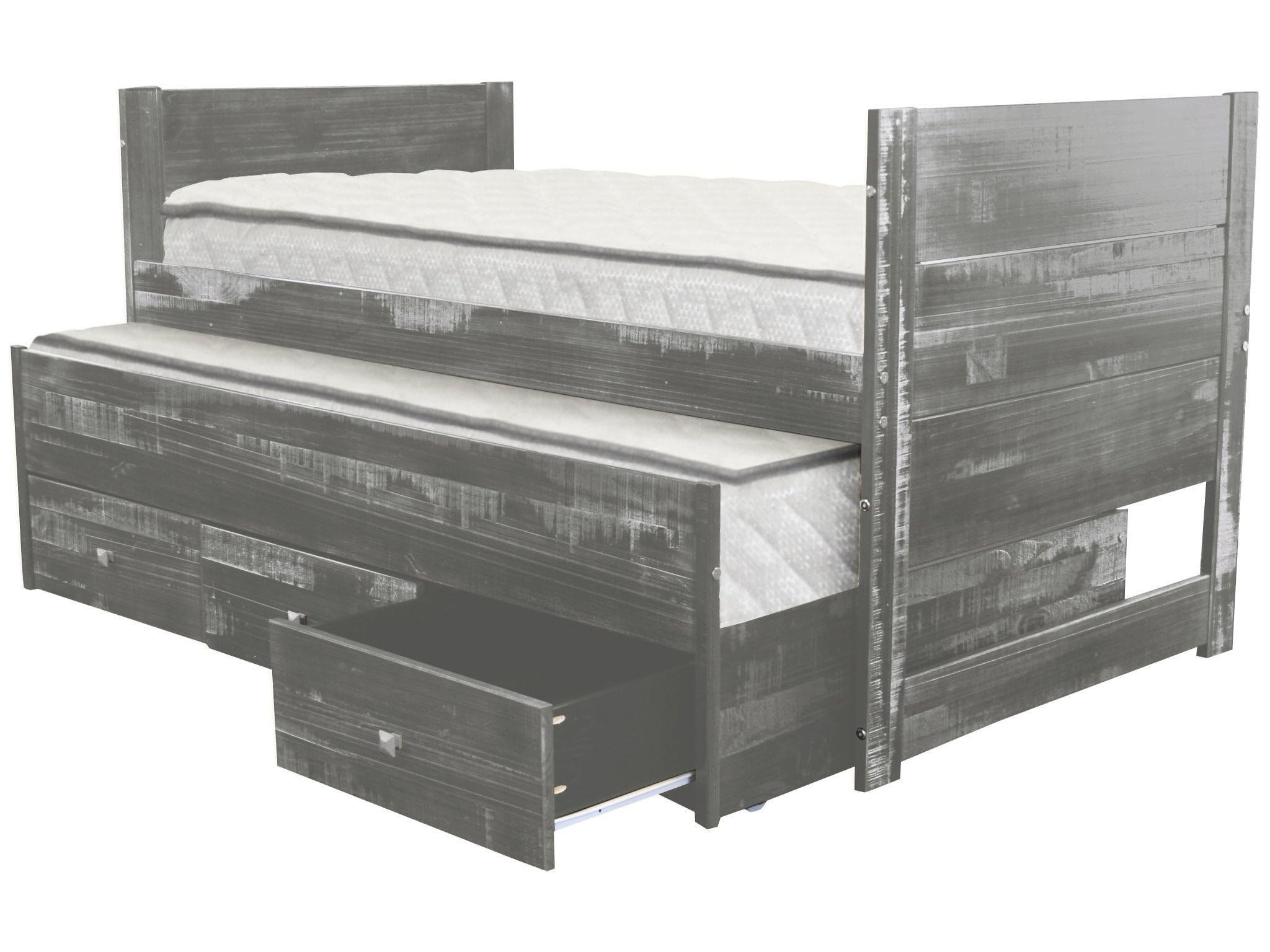Bedz King All-in-One Twin Bed with Trundle & 3 Built-In Drawers - Weathered Gray Finish | Space-Saving Storage Solution for Kids' Rooms & Guest Bedrooms