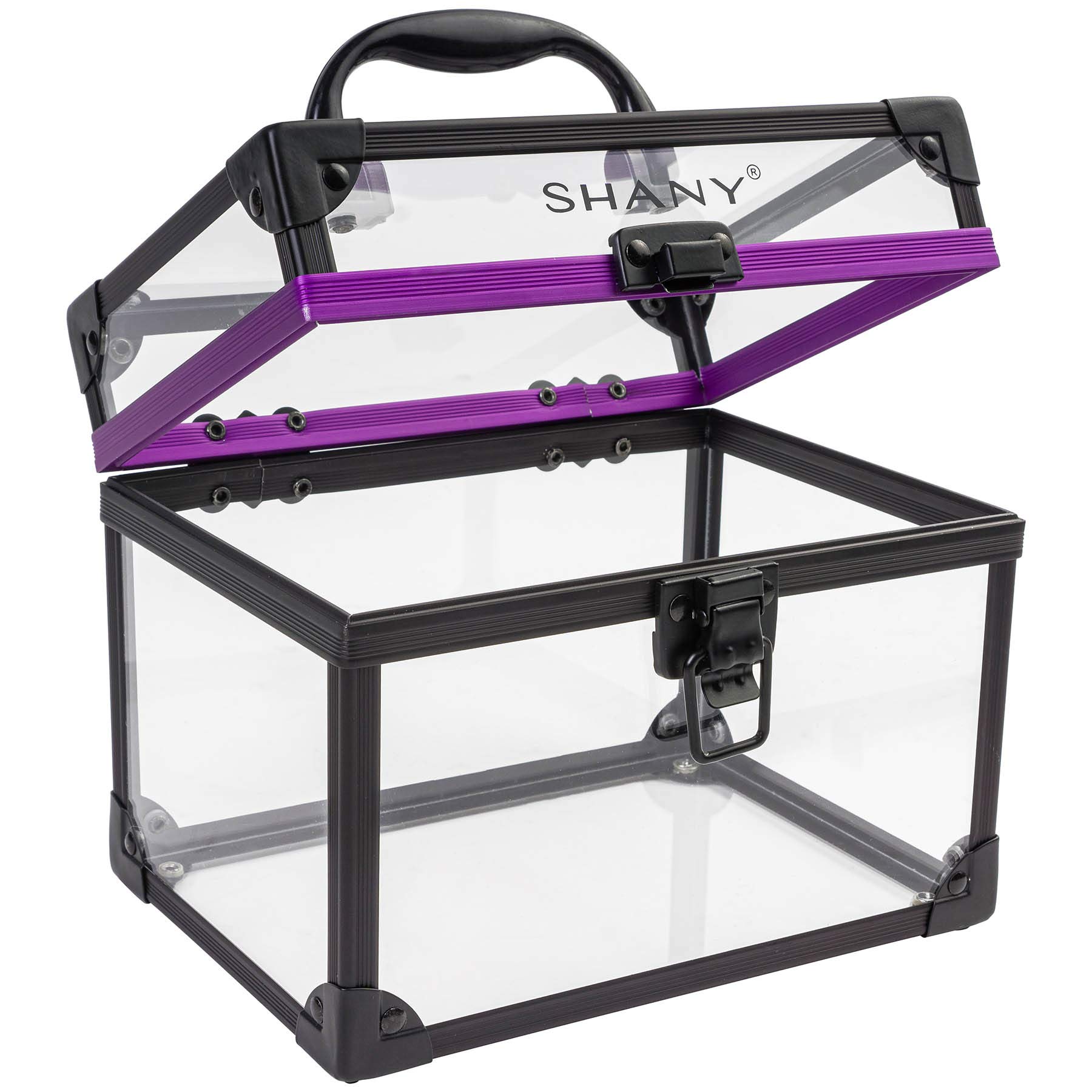 SHANY Clear Travel Makeup Bag Organizer - Large Clear Cosmetics & Toiletry Train Case with Secure Closure, Black/Purple Accents - Perfect for Travel, Gym, and Home Storage