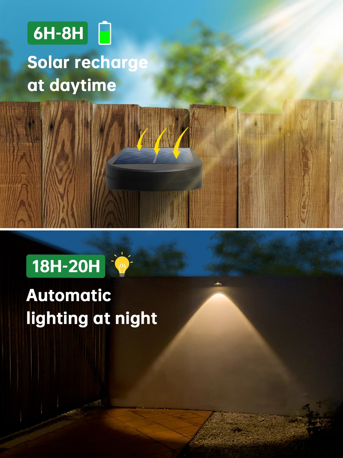 Solar Fence Lights Outdoor - Waterproof Solar Wall Sconce with Dusk to Dawn Sensor (Warm White, 2 Pack) - Perfect for House Numbers, Garage, Porch, Garden & Pathway Lighting