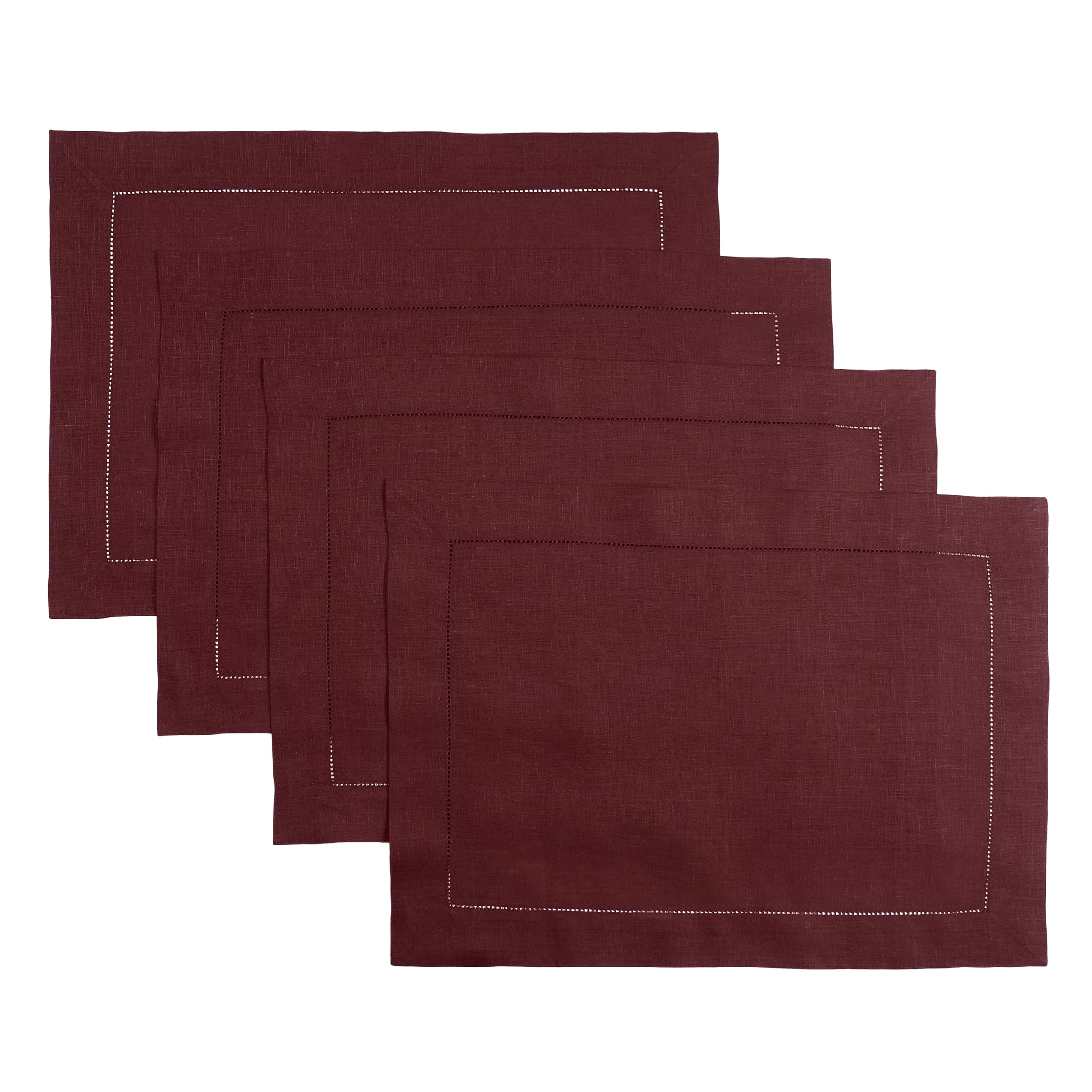 D'Moksha Homes 100% Pure Linen Placemats Set of 4 - Dark Red 14x19 Inch Classic Hemstitch Washable Table Mats for Dining, Kitchen & Spring Decor | Elegant Table Setting for Parties & Everyday Use