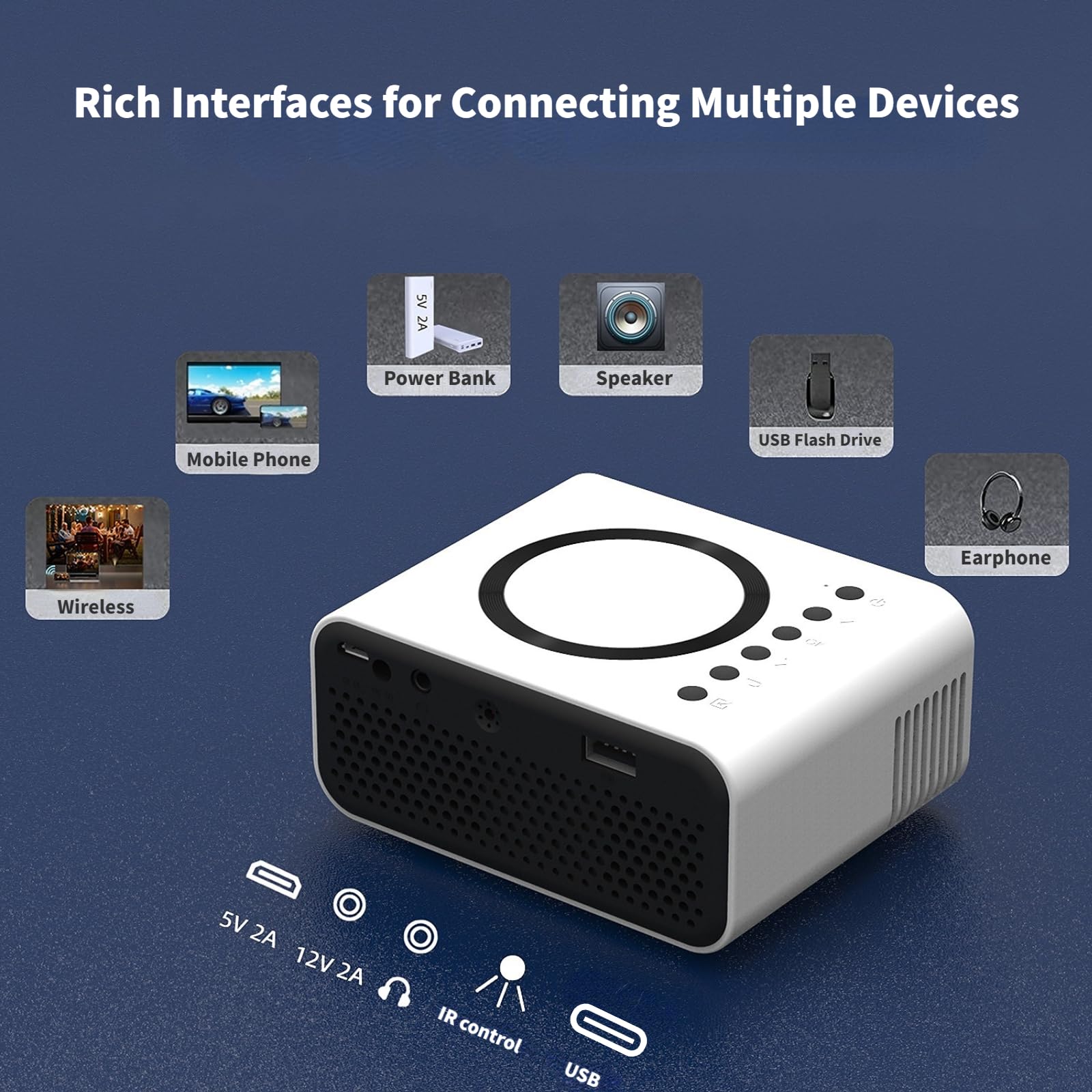 Portable Mini HD 1080P Projector with Built-in 4Ω 2W Speakers & Eye Protection - Home Theater Movie Projector for iOS, Android, Laptop (White) - Perfect for Movie Nights, Gaming & Outdoor Entertainment