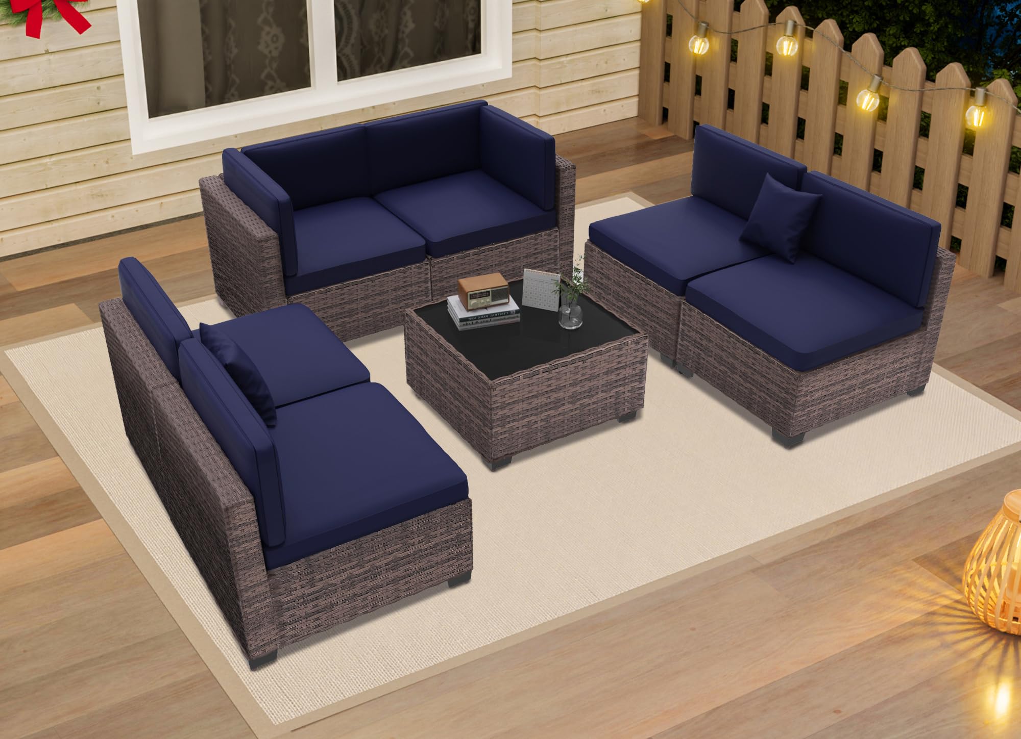 KIGOTY 7-Piece Modular Outdoor Sectional Sofa Set - All-Weather PE Rattan Wicker Patio Furniture with Cushions & Coffee Table (Brown/Navy) - Perfect for Backyard, Poolside & Garden Relaxation