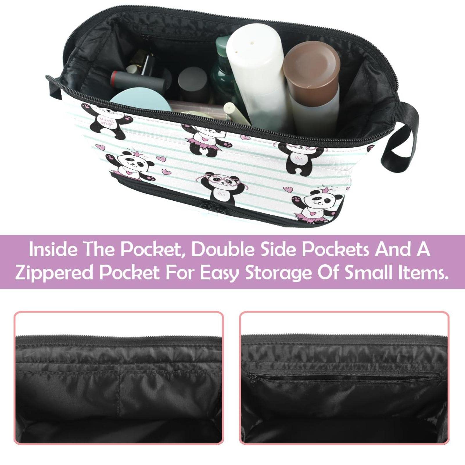 Panda Print Double Layer Makeup Bag for Women & Girls - Large Roomy Cosmetic Organizer with Zipper - Perfect for Travel, Gym, and Daily Toiletry Storage