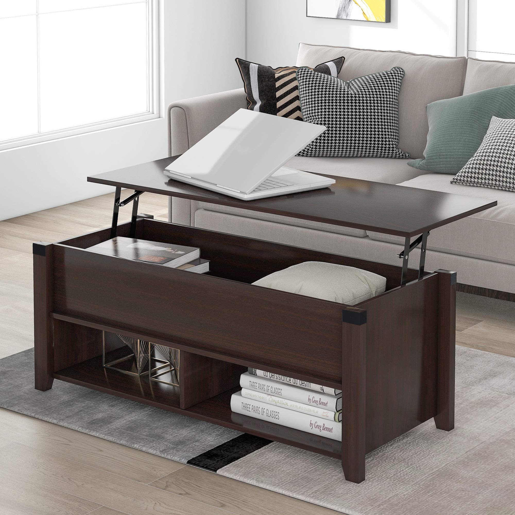 Goujxcy Lift Top Coffee Table with Hidden Storage - Modern Lift Tabletop Dining Table for Living Room, Dark Cherry - Perfect for Small Spaces, Entertaining & Multi-Functional Use