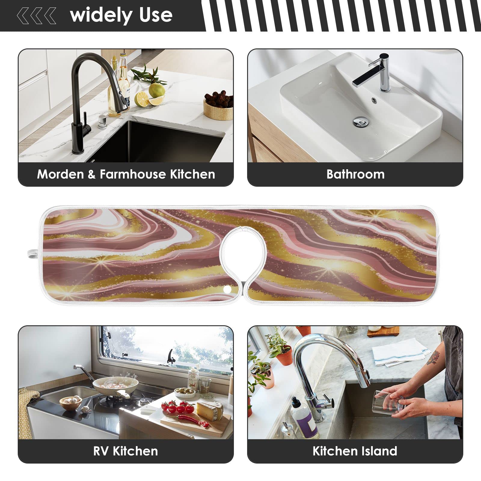 2-Pack Gold Pink Marble Sink Splash Guard - Absorbent Faucet Drip Catcher with Glitter Design - Quick-Drying Kitchen & Bathroom Counter Mat for RV, Home, and Office Use