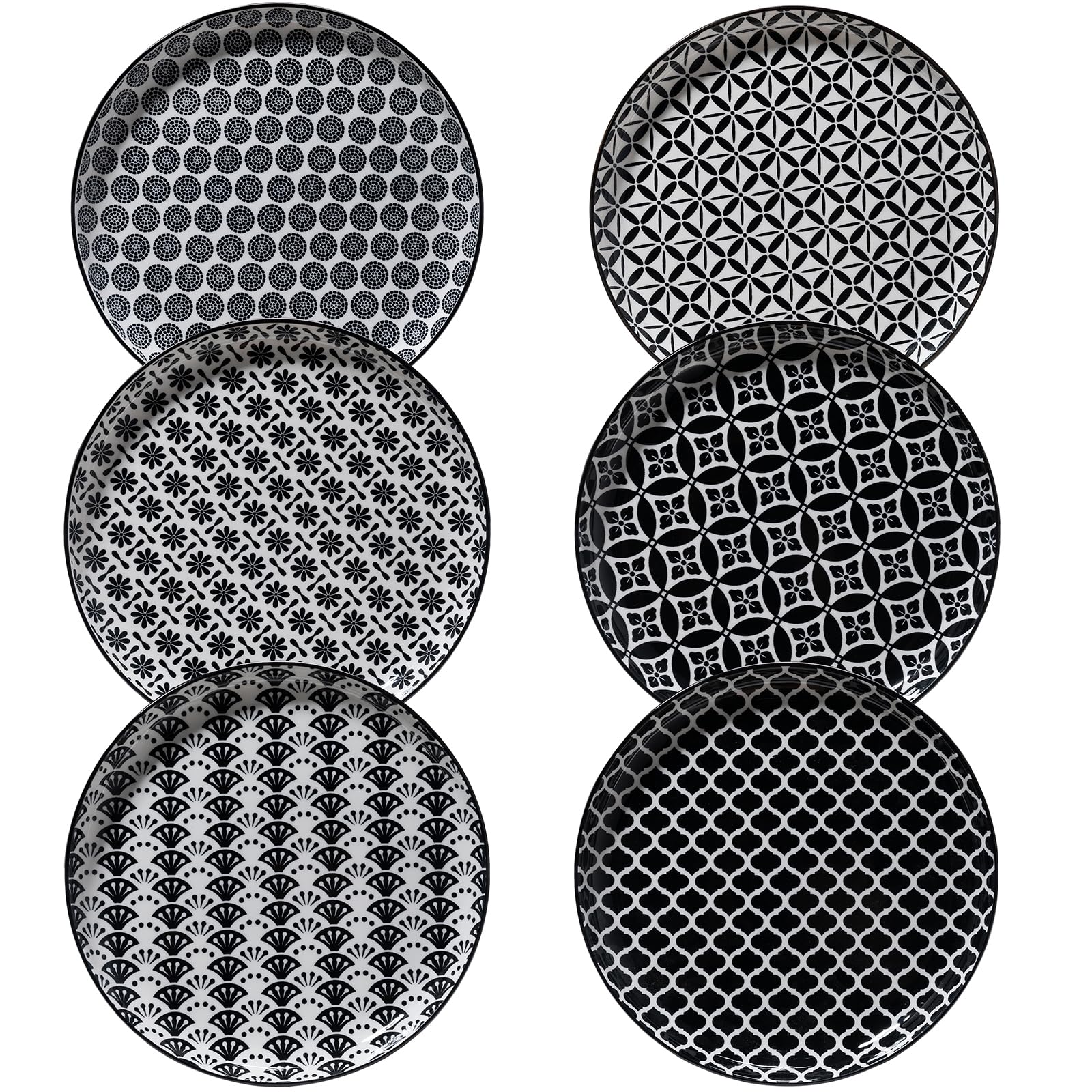 LEHAHA 6-Piece Ceramic Dinner Plates Set - 8-inch Black and White Porcelain Plates for Dessert, Salad, Pasta & Pizza | Round Dishwasher & Microwave Safe Plates for Home, Restaurant & Party Use | Elegant Tableware for Everyday Dining & Entertaining