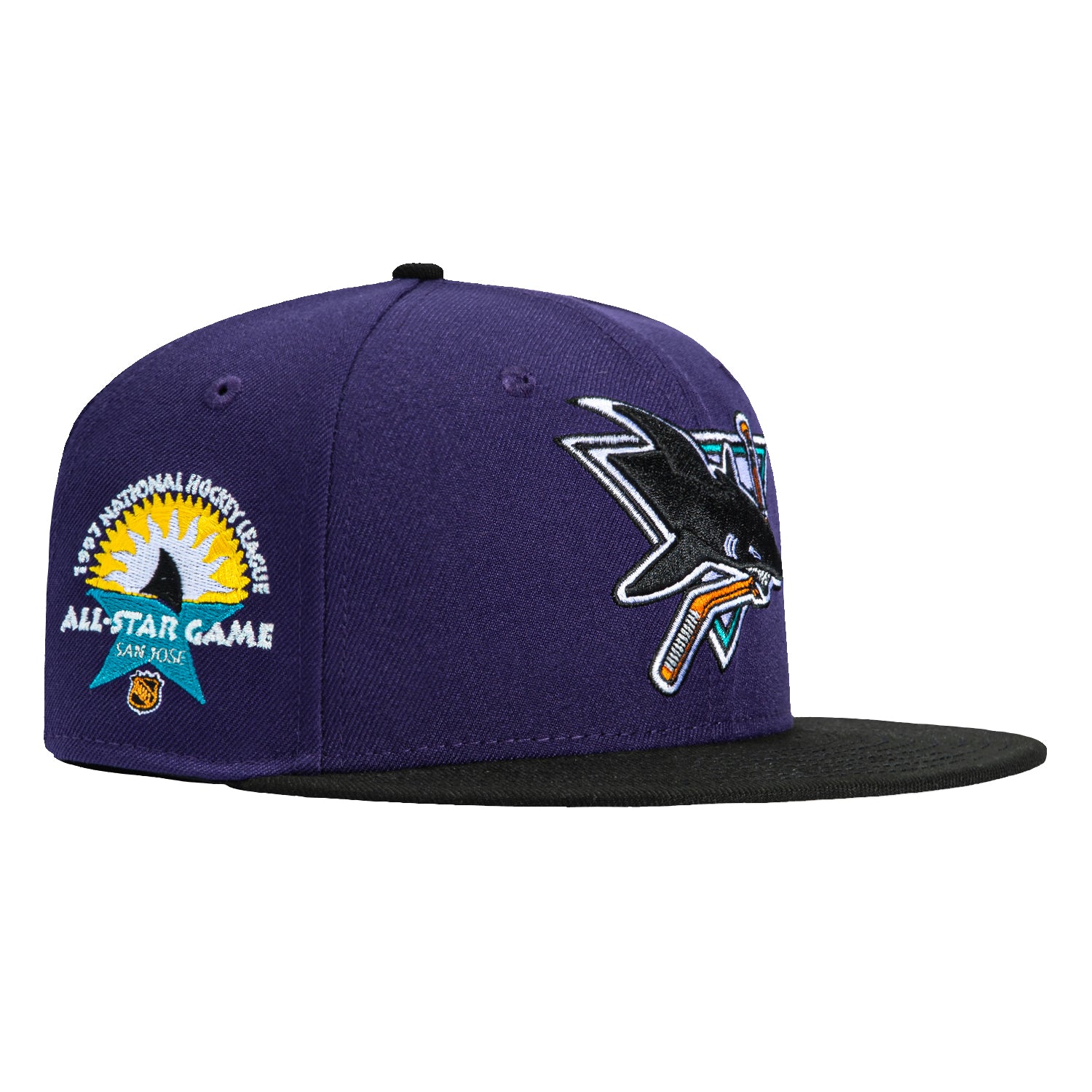 New Era 59Fifty San Jose Sharks 1997 All Star Game Patch Hat - Purple & Black Snapback Cap for NHL Fans & Hockey Enthusiasts - Perfect for Games, Collecting & Streetwear Fashion