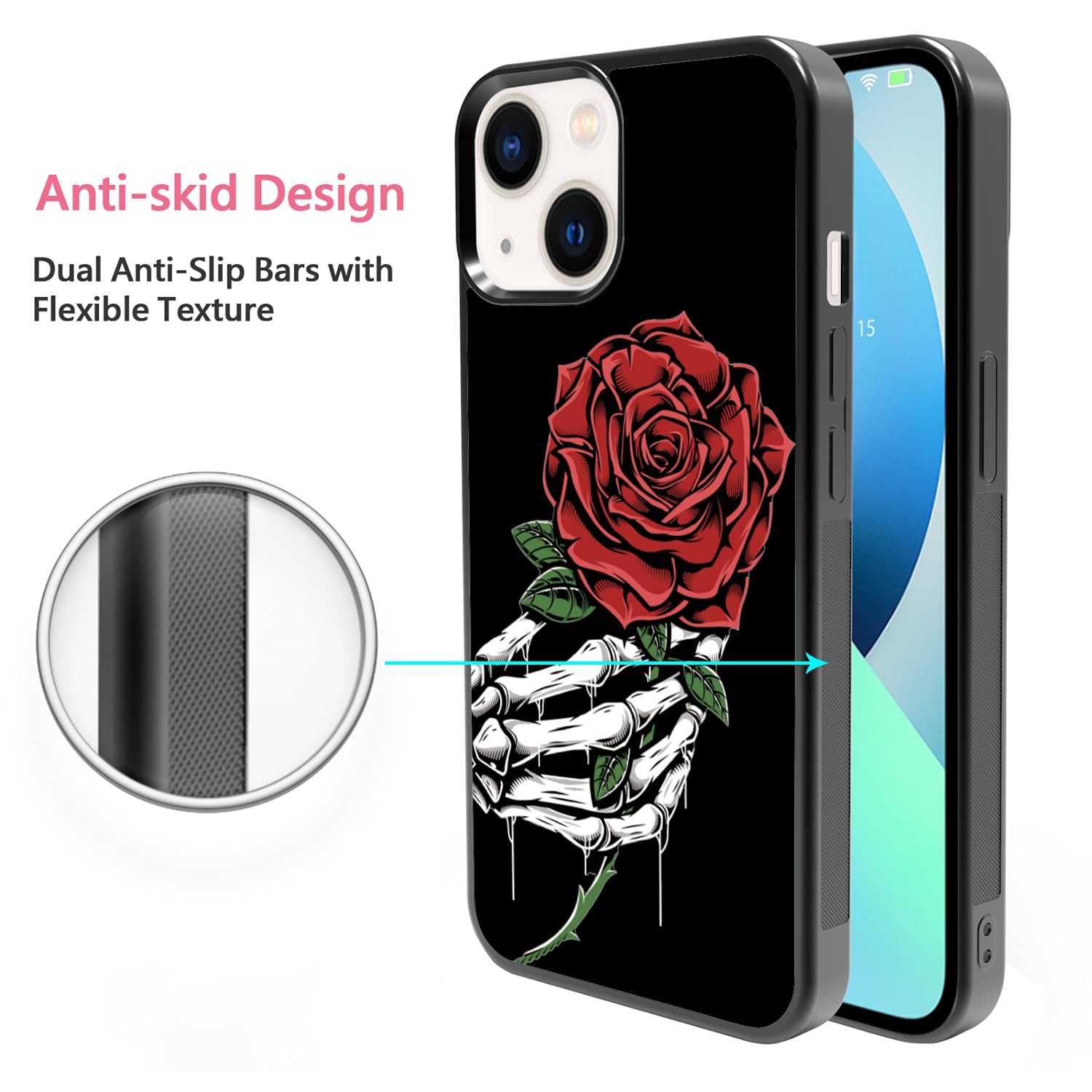 FANXI Rose Skeleton Shockproof Phone Case for iPhone 13/14 (6.1 Inch) - Cute Floral Design Protective Cover for Women & Girls | Perfect Gift for Valentine's Day, Birthday & Everyday Use