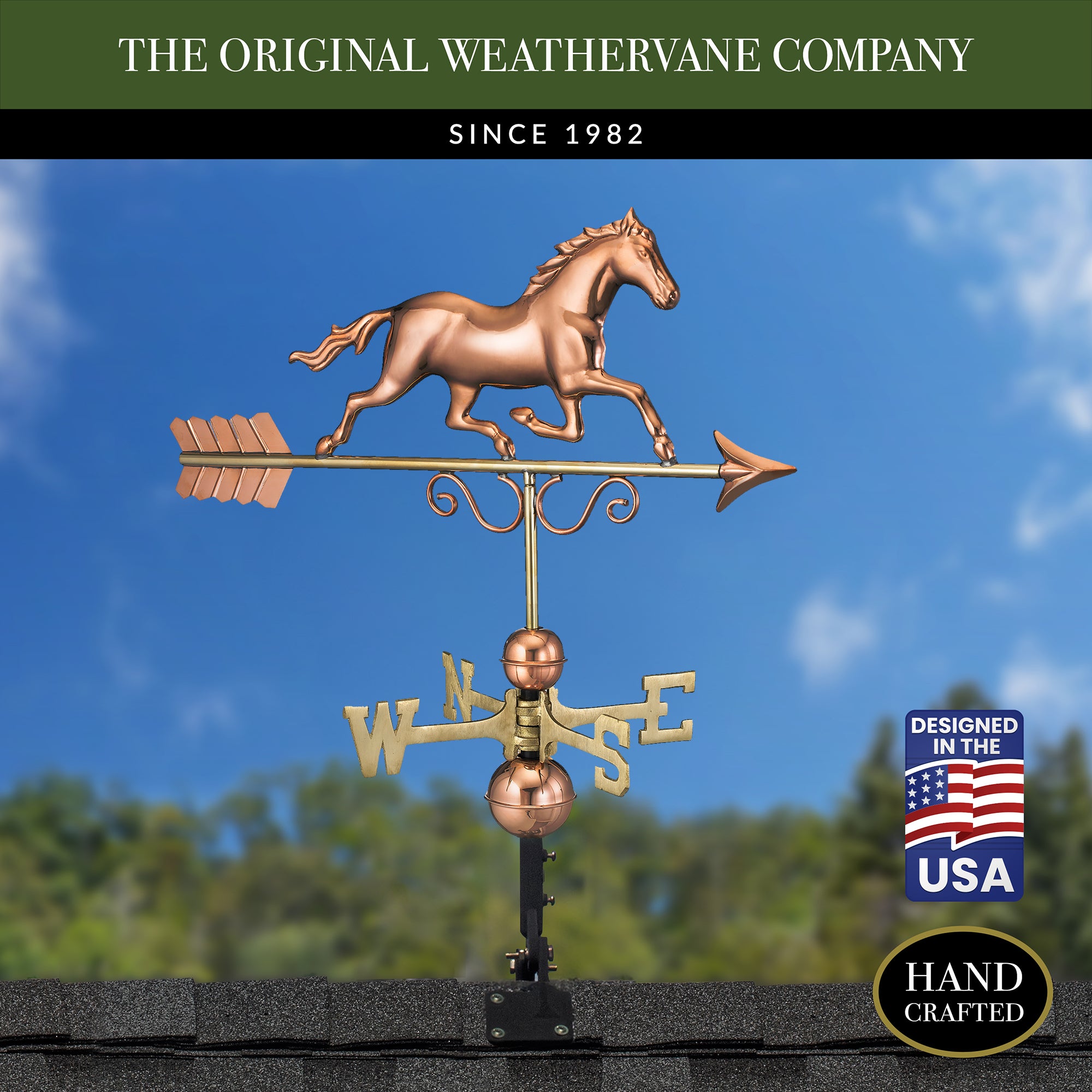 Galloping Horse Weathervane - Handcrafted Copper Outdoor Decor for Garden, Farmhouse & Roof | Vintage Western Style Wind Direction Indicator for Countryside Homes & Equestrian Enthusiasts